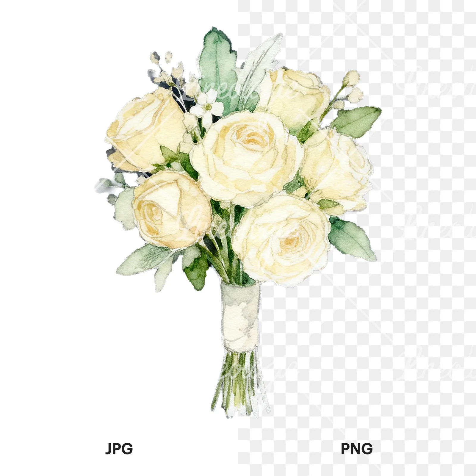 Watercolor elegant cream wedding bouquet clipart 6 of 9, as a JPG on white and a transparent PNG