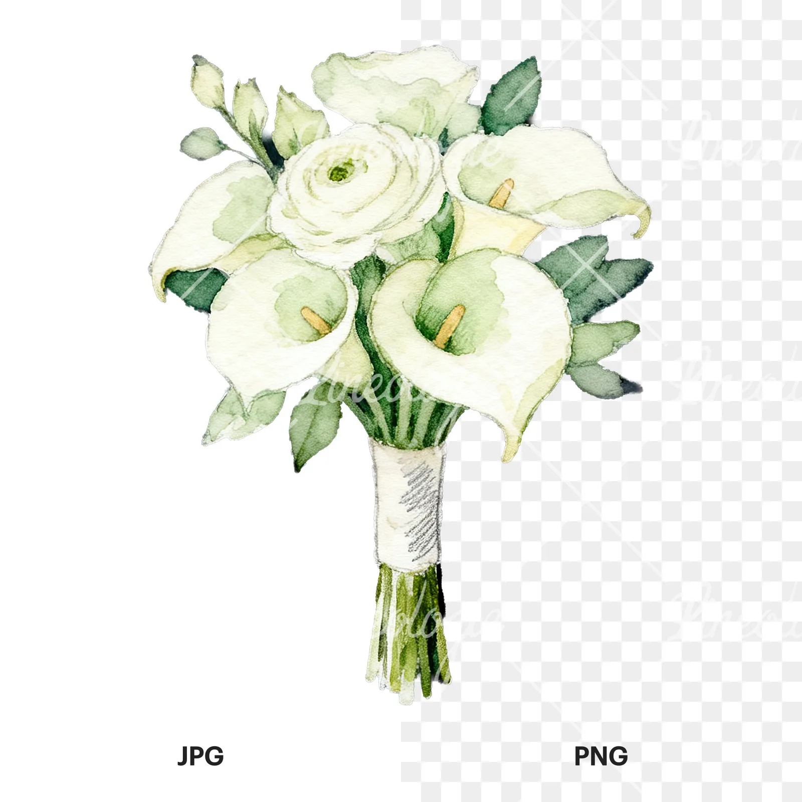 Watercolor elegant cream wedding bouquet clipart 7 of 9, as a JPG on white and a transparent PNG