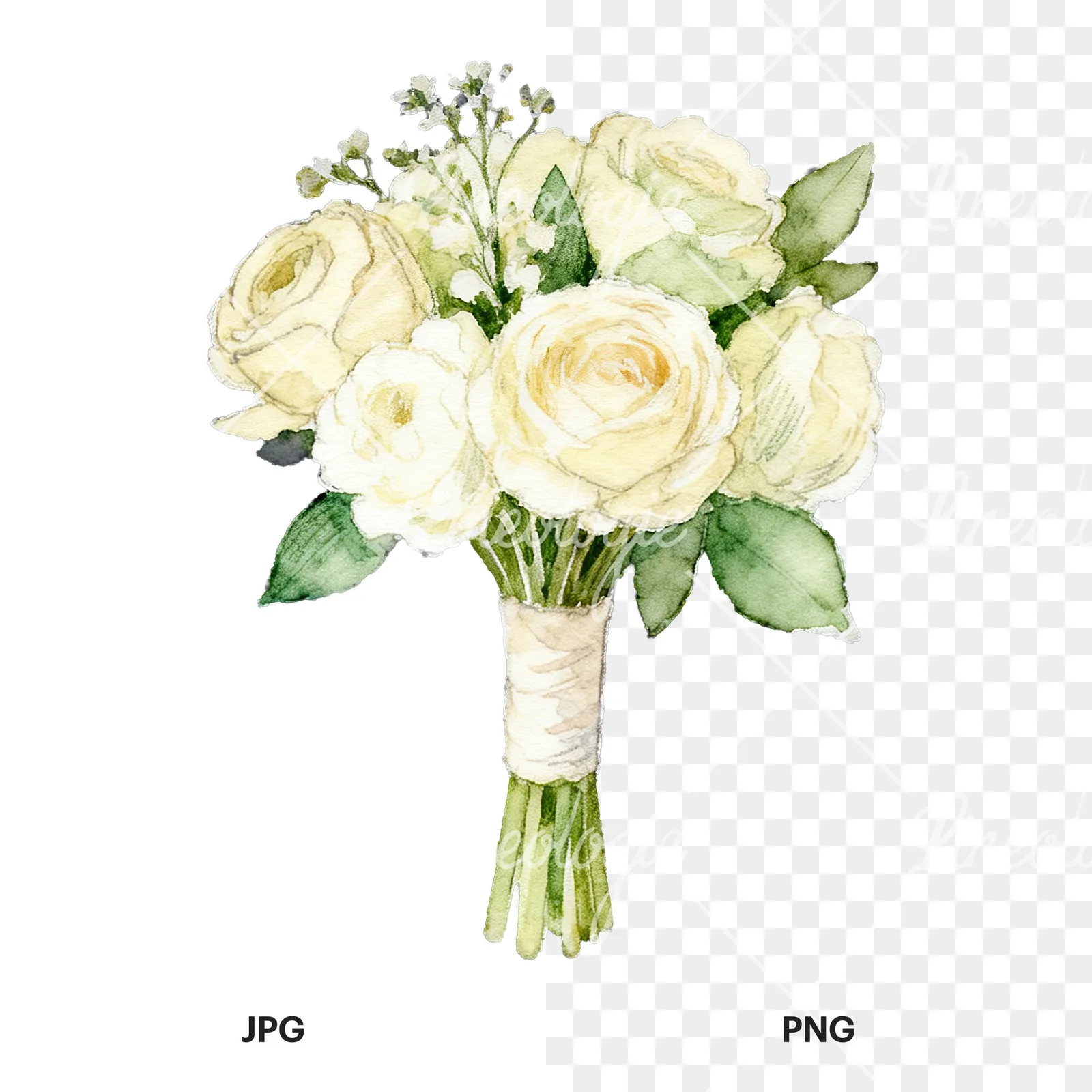Watercolor elegant cream wedding bouquet clipart 8 of 9, as a JPG on white and a transparent PNG