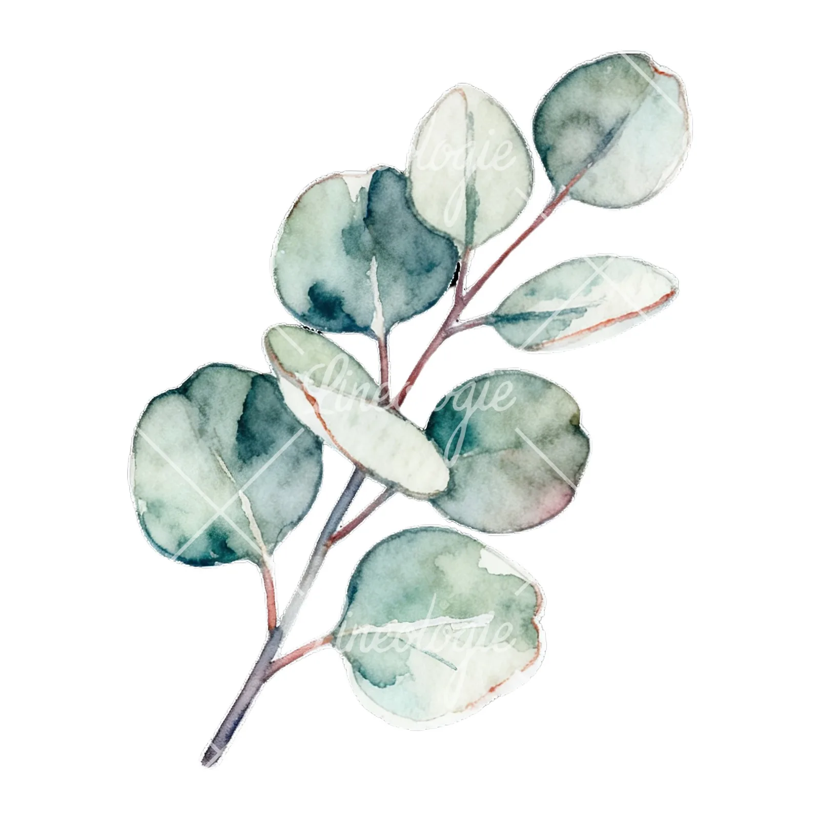 Watercolor eucalyptus branch with muted red clipart 5 of 9 on a white background (JPG)