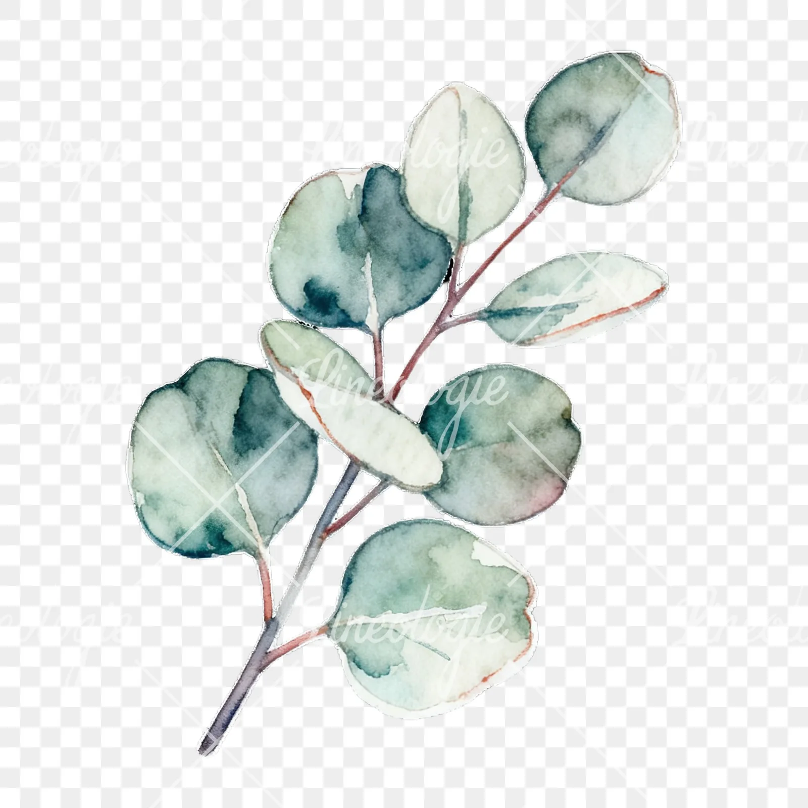 Watercolor eucalyptus branch with muted red clipart 5 of 9 on a transparent background (PNG)