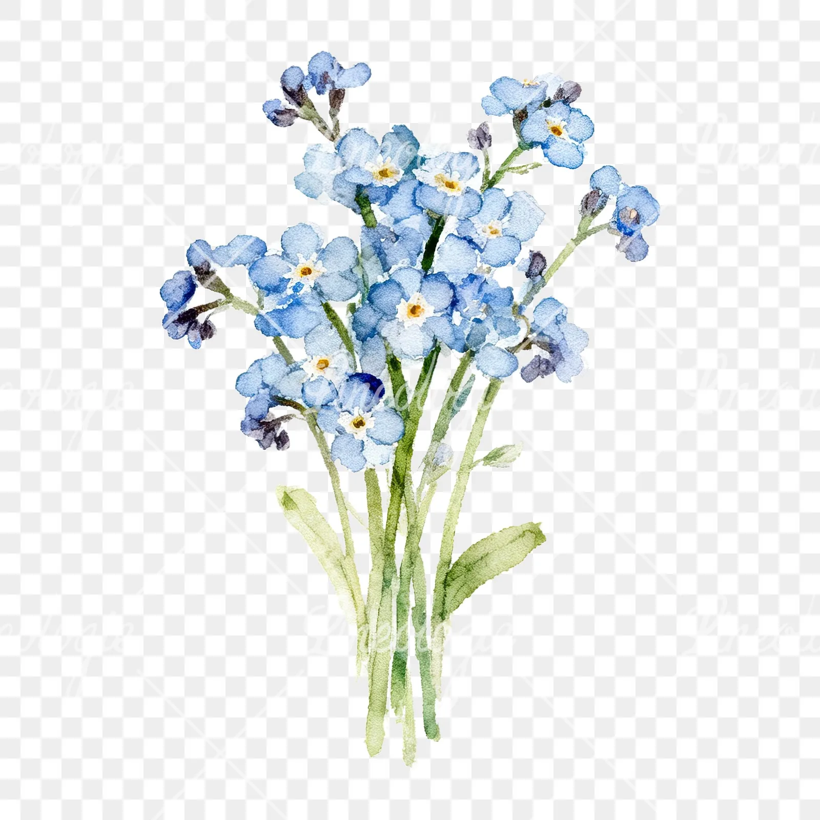 Watercolor blue and purple forget me not bouquet clipart 7 of 9 on a transparent background (PNG)