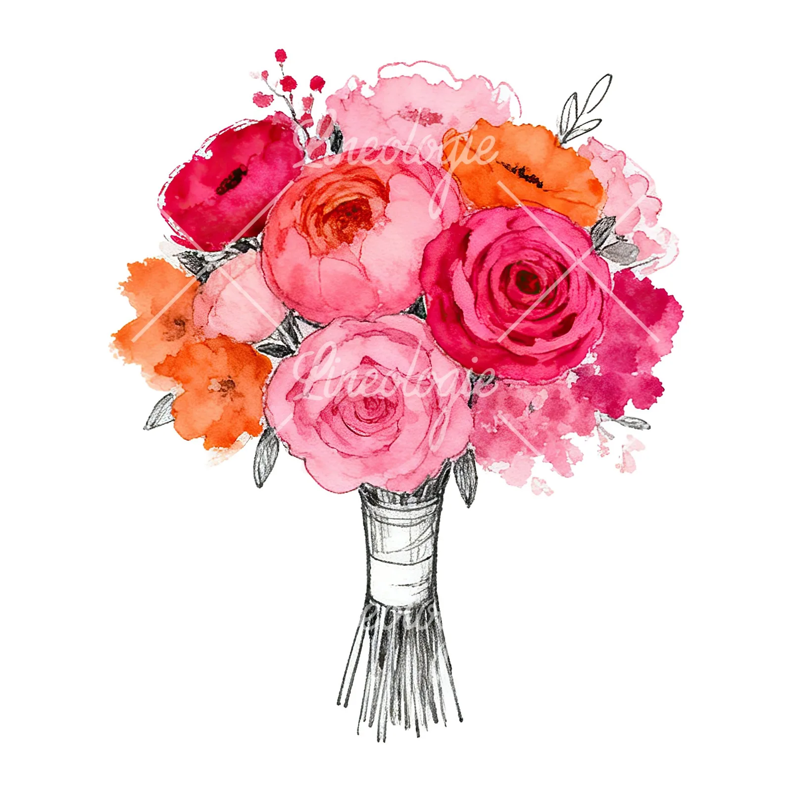 Watercolor hot pink and orange wedding bouquet with ribbon clipart 1 of 9 on a white background (JPG)
