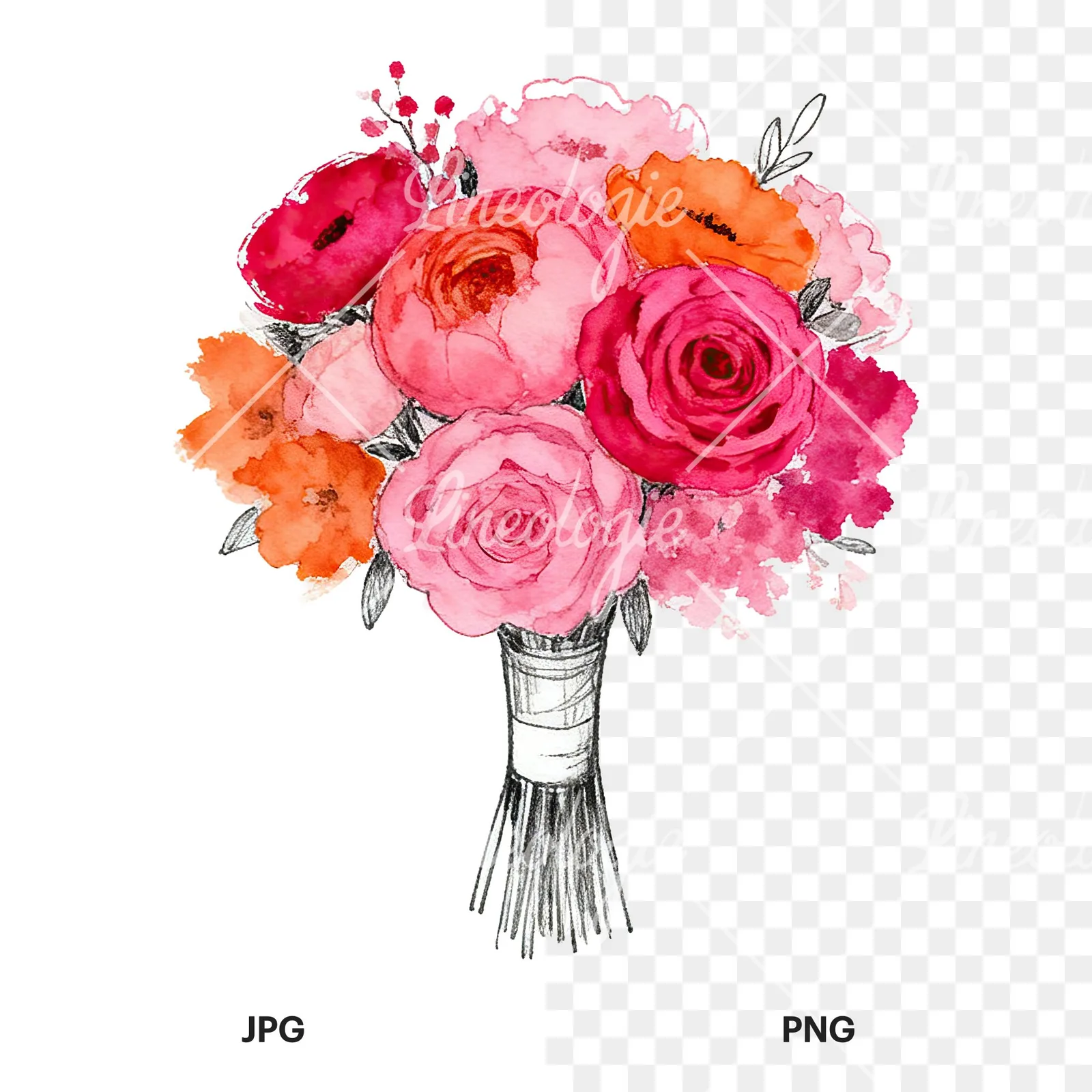 Watercolor hot pink and orange wedding bouquet with ribbon clipart 1 of 9, as a JPG on white and a transparent PNG