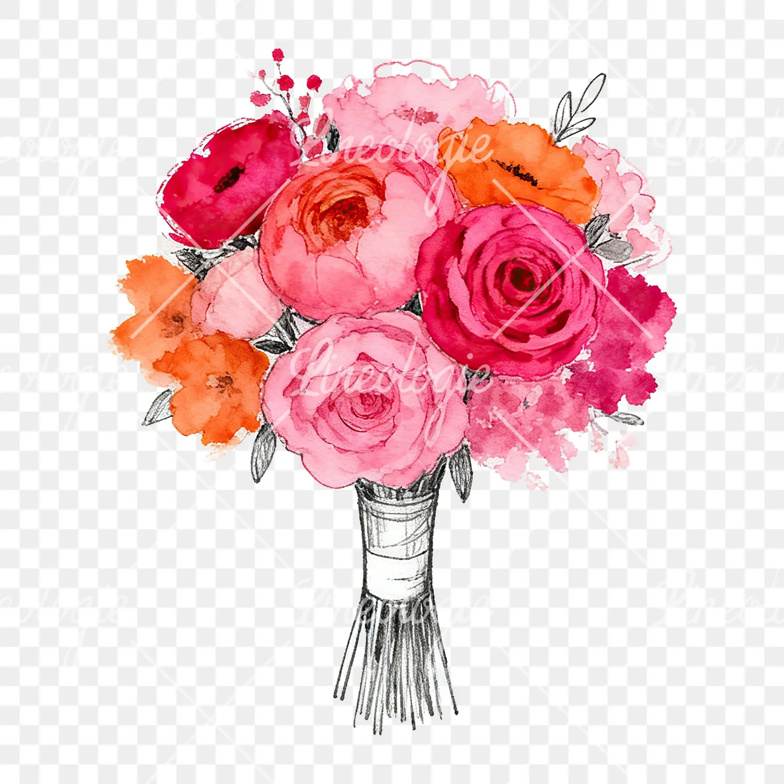 Watercolor hot pink and orange wedding bouquet with ribbon clipart 1 of 9 on a transparent background (PNG)