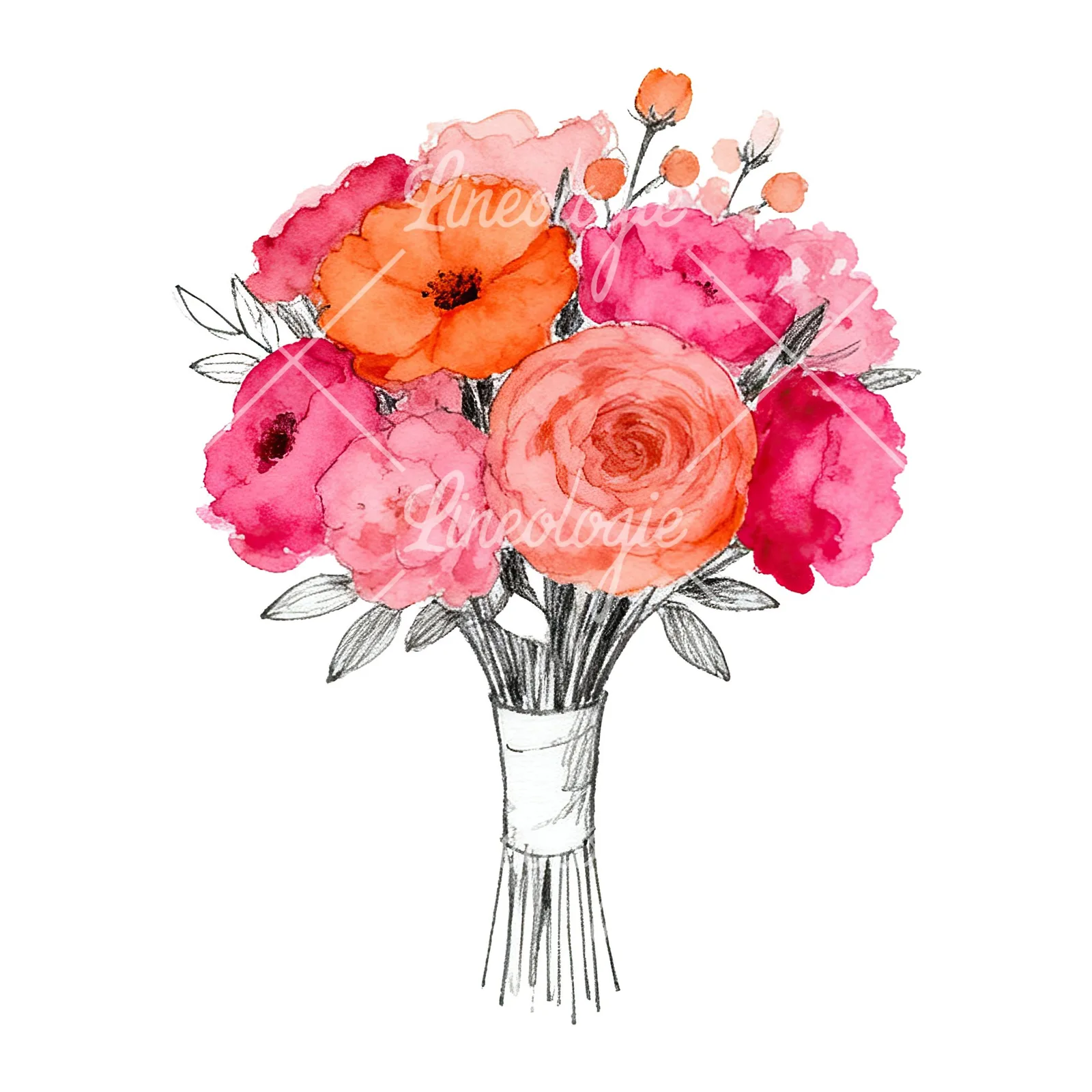 Watercolor hot pink and orange wedding bouquet with ribbon clipart 2 of 9 on a white background (JPG)