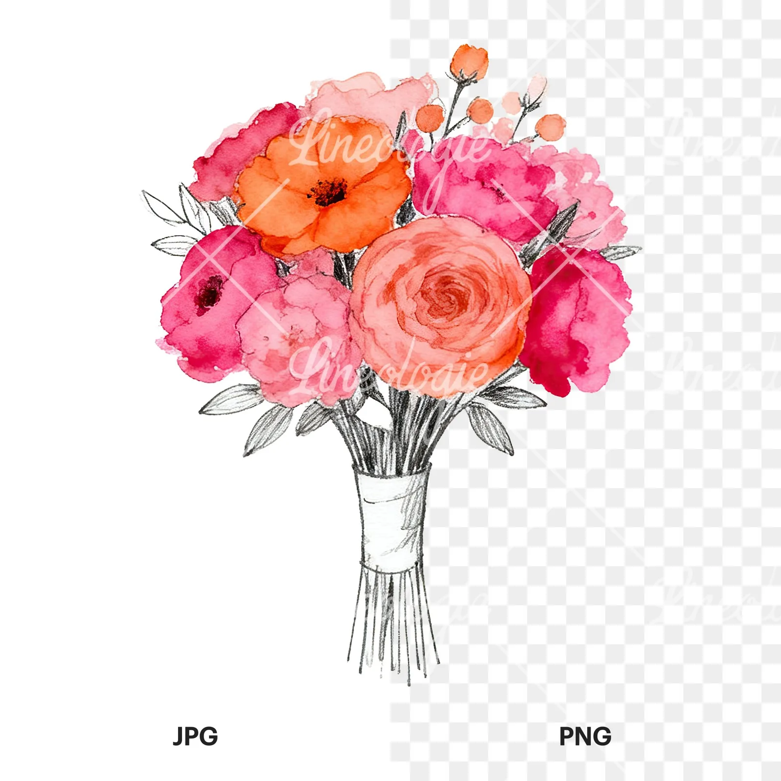 Watercolor hot pink and orange wedding bouquet with ribbon clipart 2 of 9, as a JPG on white and a transparent PNG
