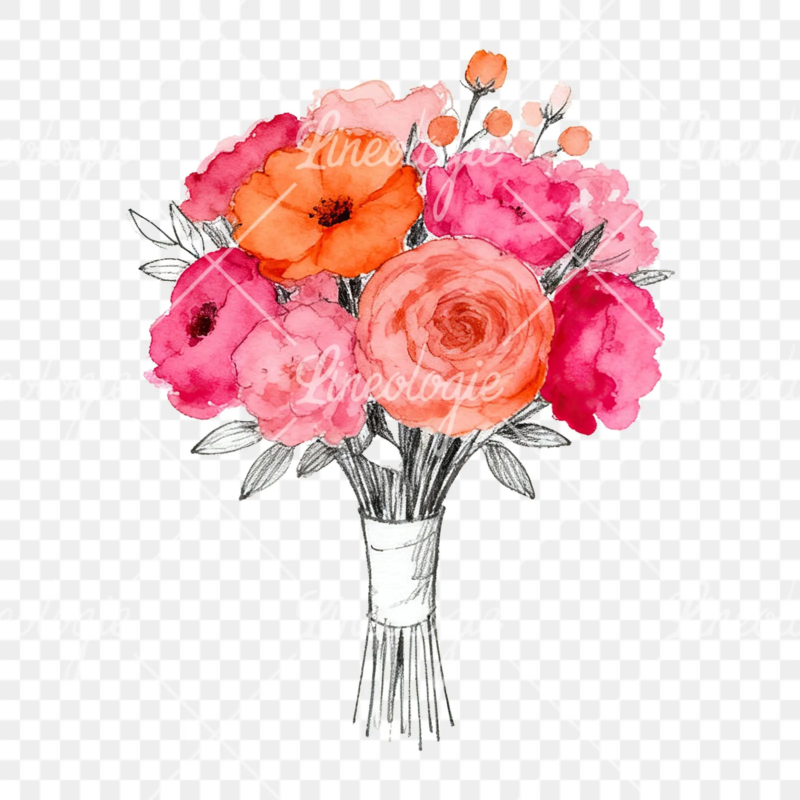 Watercolor hot pink and orange wedding bouquet with ribbon clipart 2 of 9 on a transparent background (PNG)