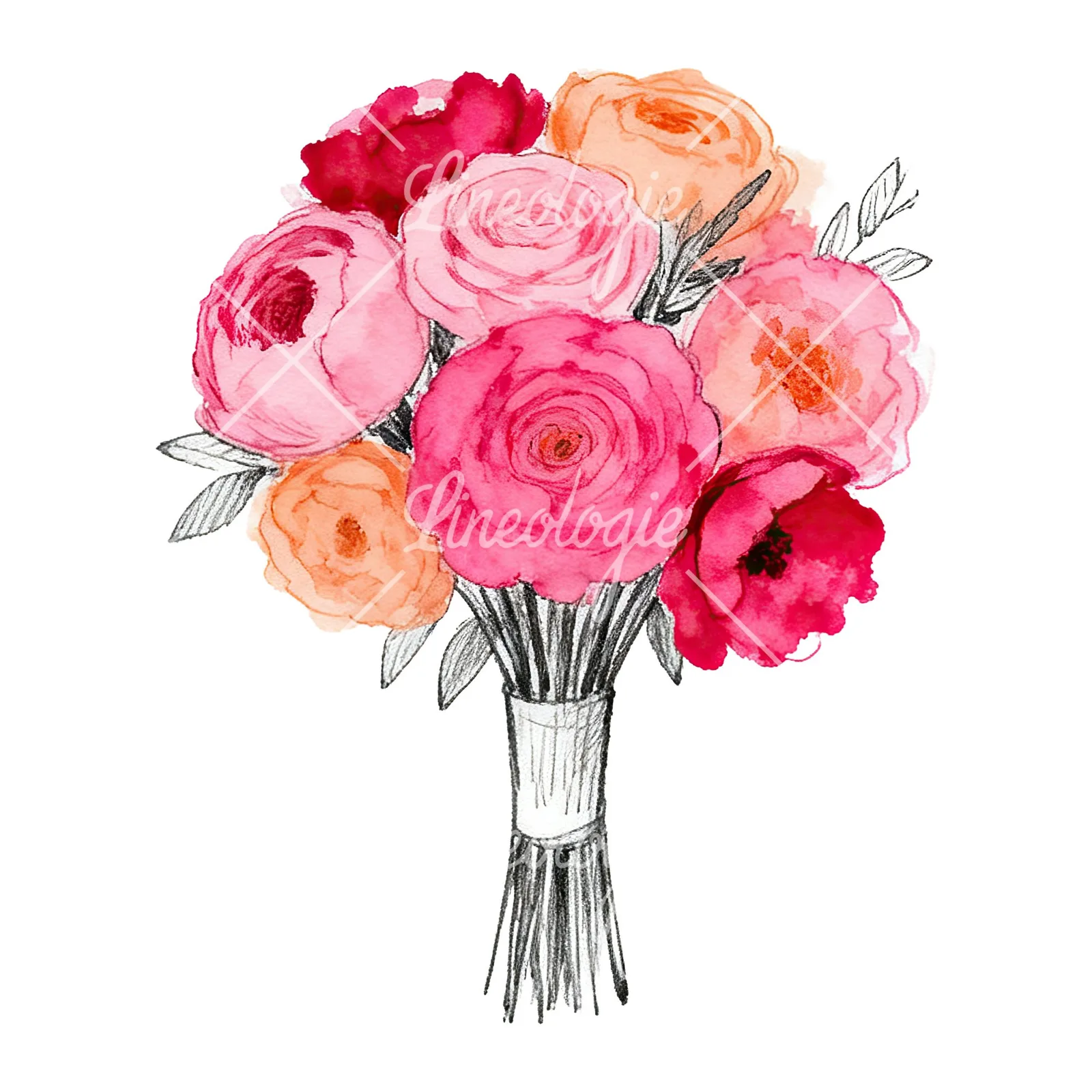 Watercolor hot pink and orange wedding bouquet with ribbon clipart 3 of 9 on a white background (JPG)