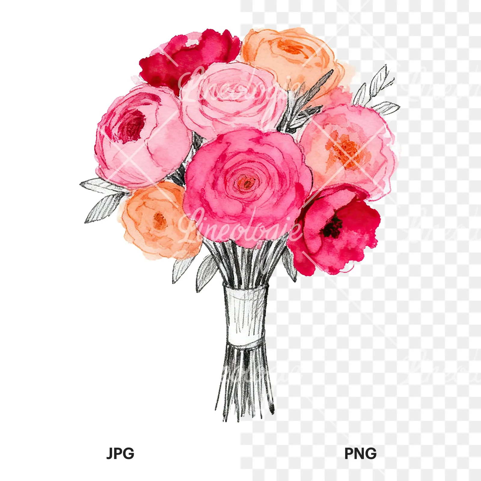 Watercolor hot pink and orange wedding bouquet with ribbon clipart 3 of 9, as a JPG on white and a transparent PNG