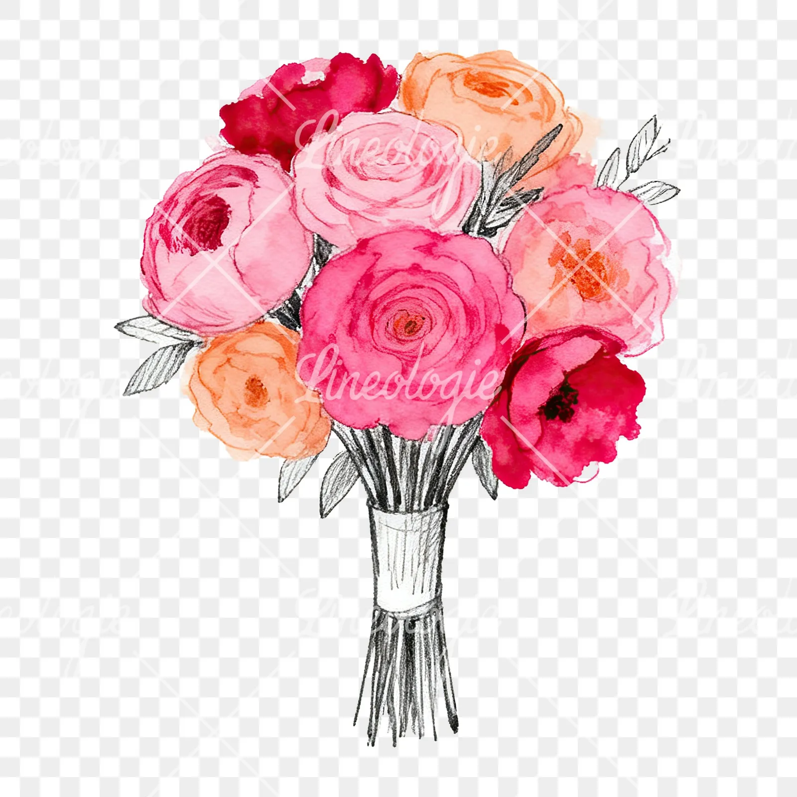 Watercolor hot pink and orange wedding bouquet with ribbon clipart 3 of 9 on a transparent background (PNG)