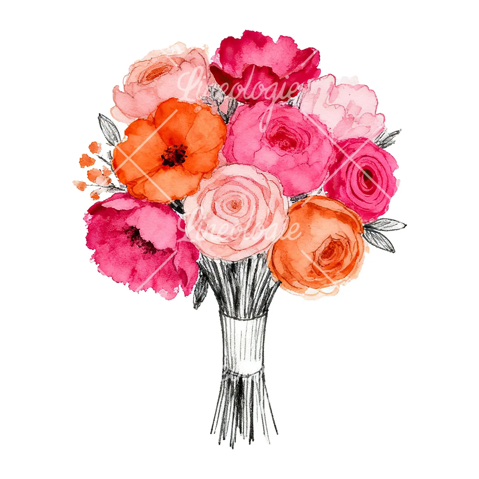 Watercolor hot pink and orange wedding bouquet with ribbon clipart 4 of 9 on a white background (JPG)