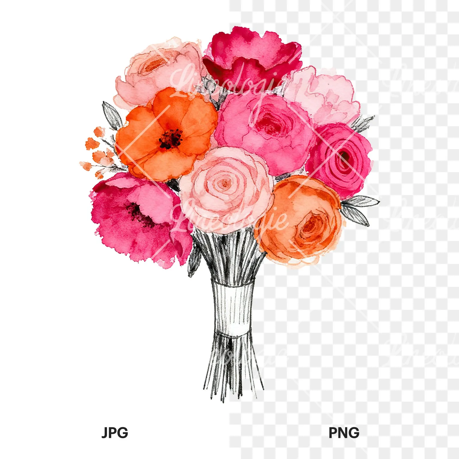 Watercolor hot pink and orange wedding bouquet with ribbon clipart 4 of 9, as a JPG on white and a transparent PNG