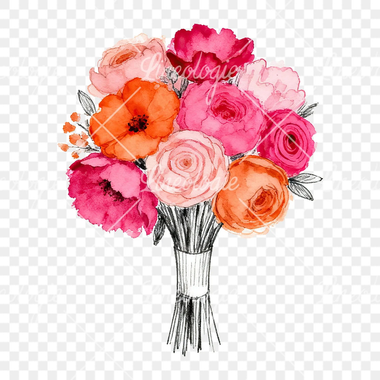 Watercolor hot pink and orange wedding bouquet with ribbon clipart 4 of 9 on a transparent background (PNG)