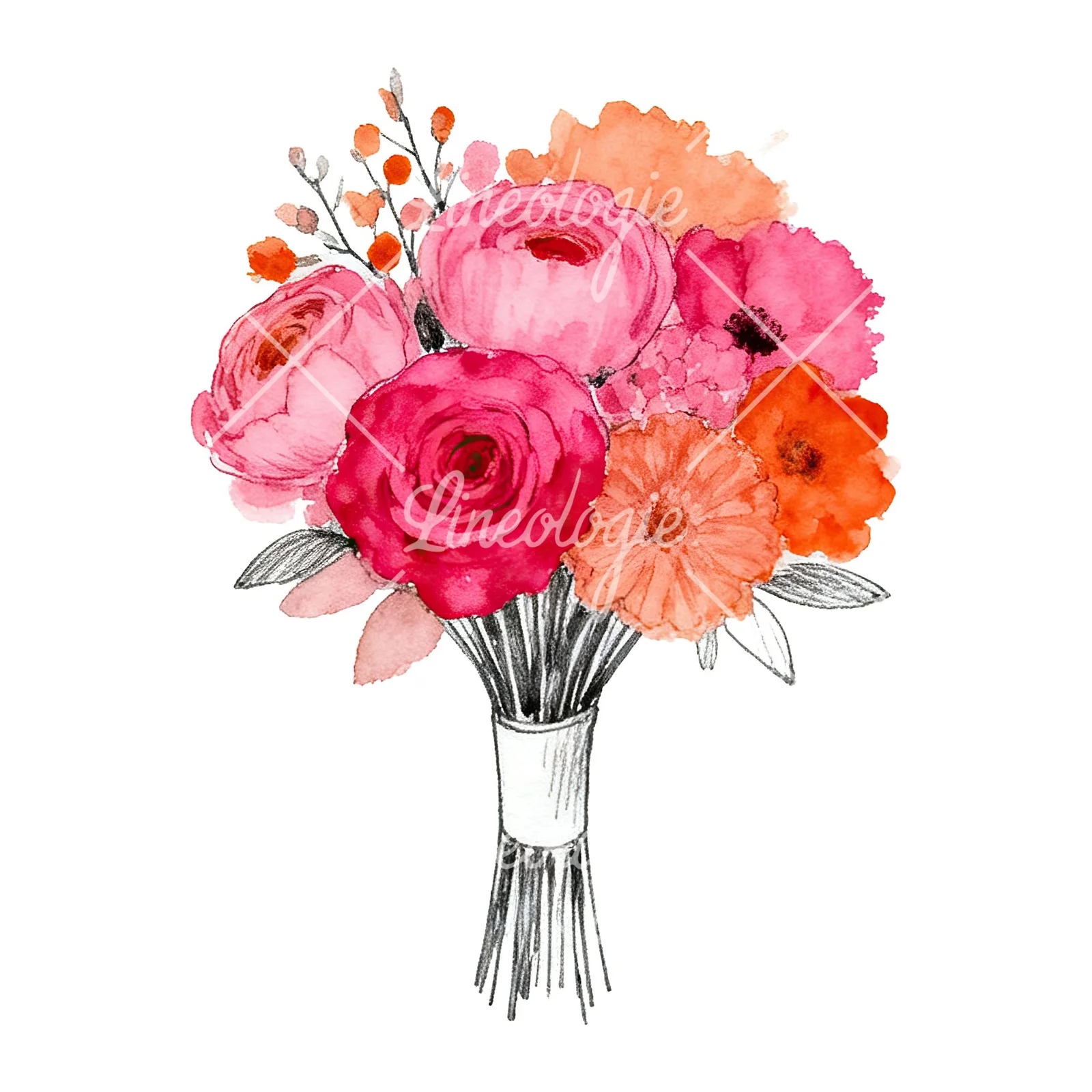 Watercolor hot pink and orange wedding bouquet with ribbon clipart 5 of 9 on a white background (JPG)