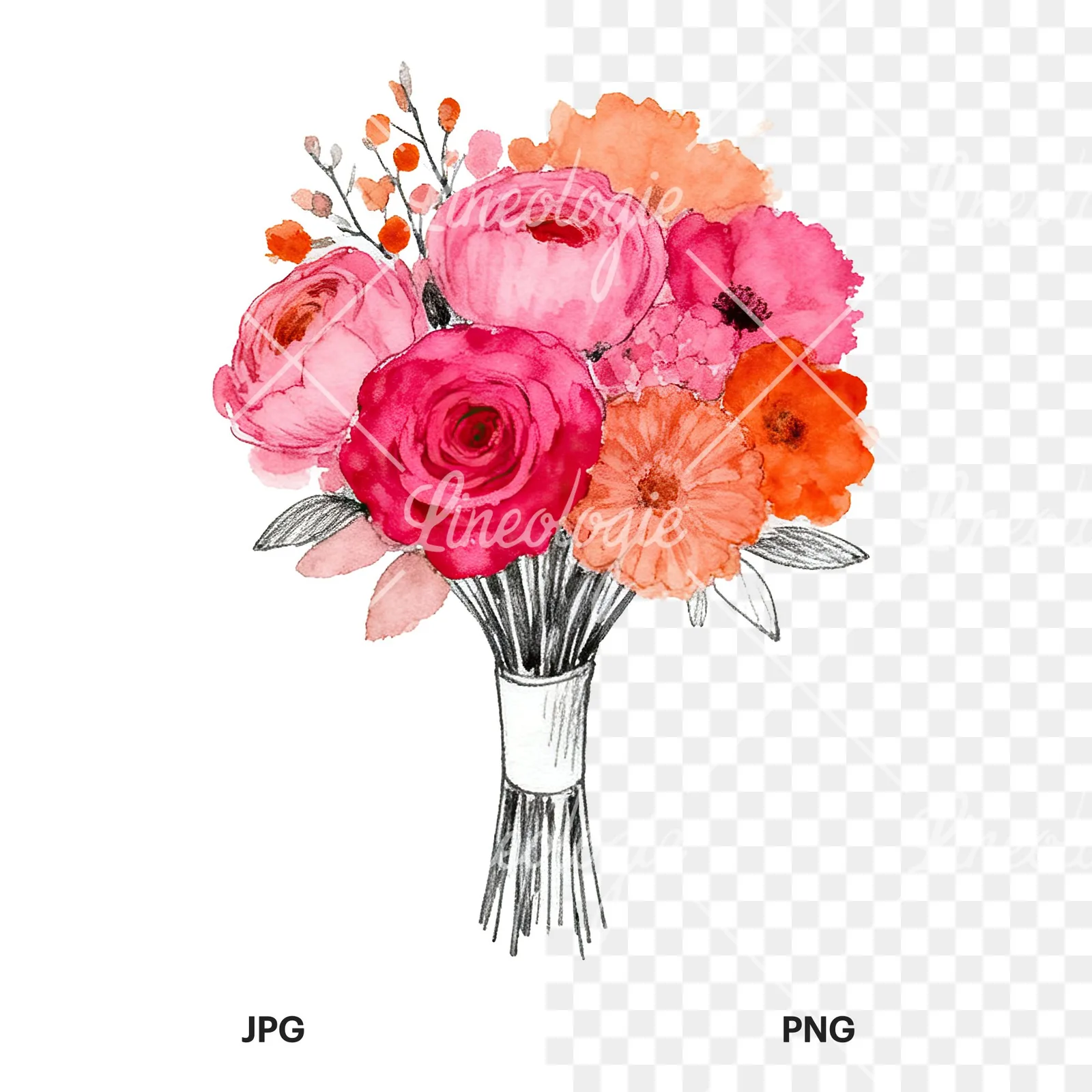 Watercolor hot pink and orange wedding bouquet with ribbon clipart 5 of 9, as a JPG on white and a transparent PNG