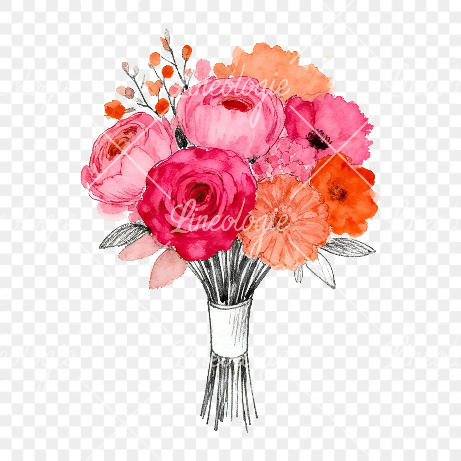 Watercolor hot pink and orange wedding bouquet with ribbon clipart 5 of 9 on a transparent background (PNG)