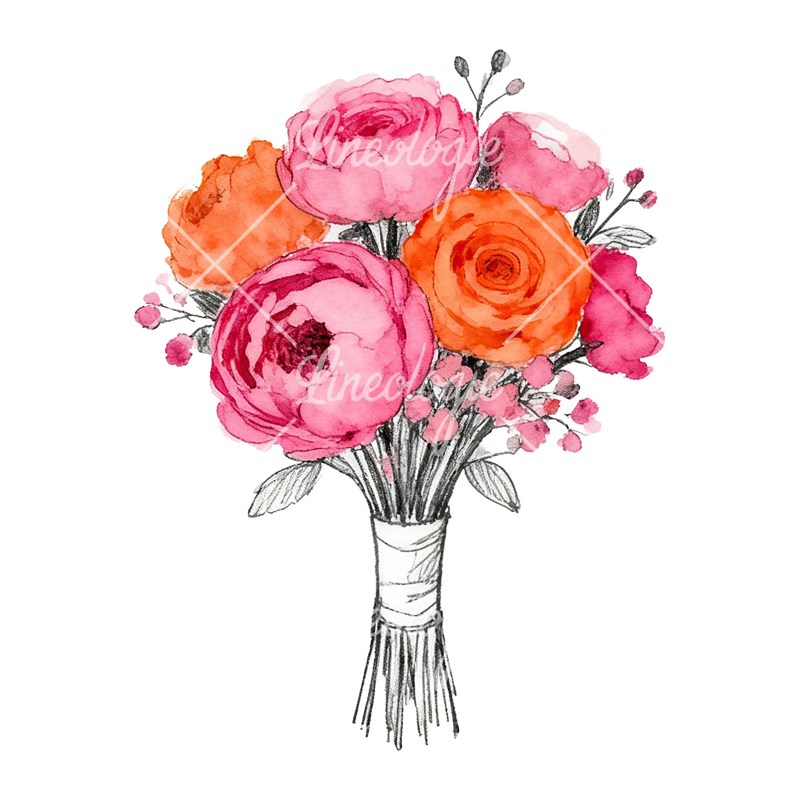 Watercolor hot pink and orange wedding bouquet with ribbon clipart 6 of 9 on a white background (JPG)