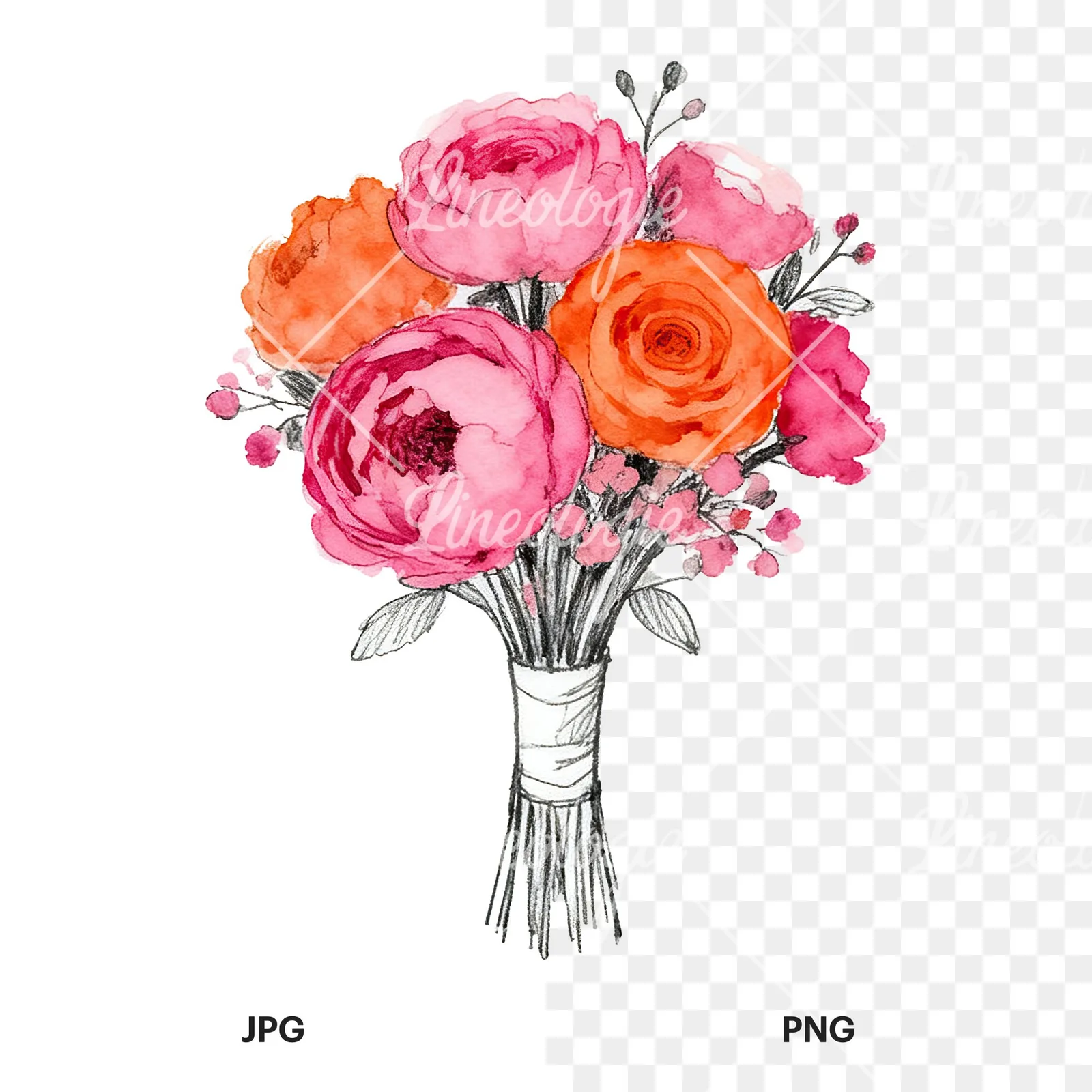 Watercolor hot pink and orange wedding bouquet with ribbon clipart 6 of 9, as a JPG on white and a transparent PNG