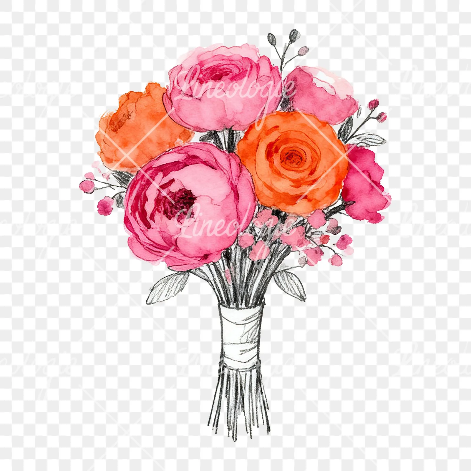 Watercolor hot pink and orange wedding bouquet with ribbon clipart 6 of 9 on a transparent background (PNG)
