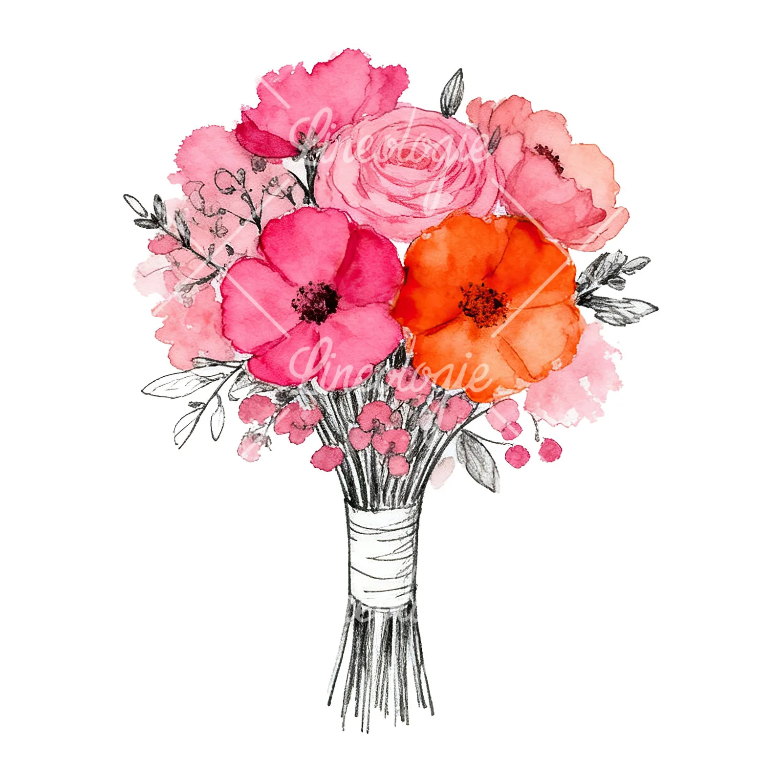 Watercolor hot pink and orange wedding bouquet with ribbon clipart 7 of 9 on a white background (JPG)