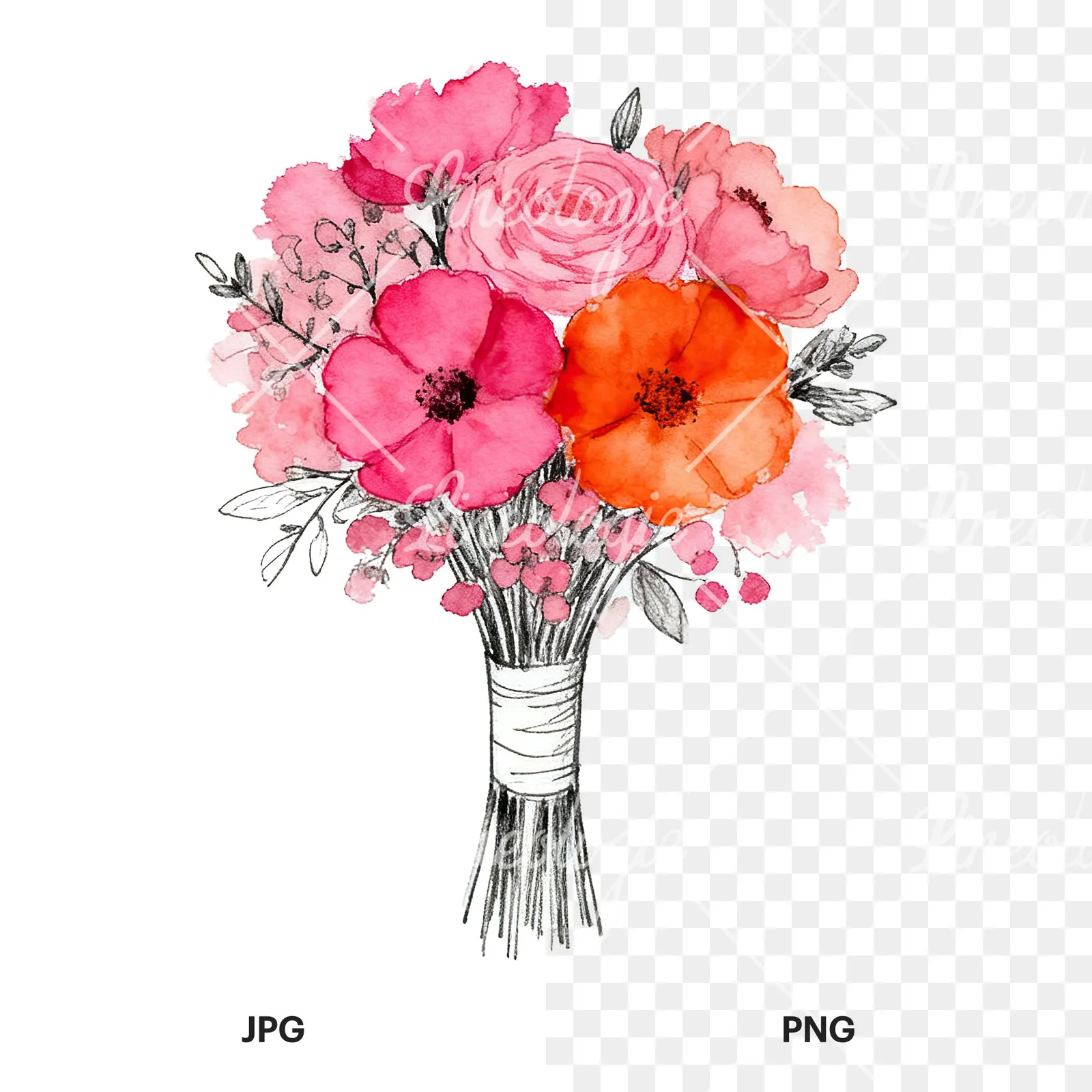 Watercolor hot pink and orange wedding bouquet with ribbon clipart 7 of 9, as a JPG on white and a transparent PNG