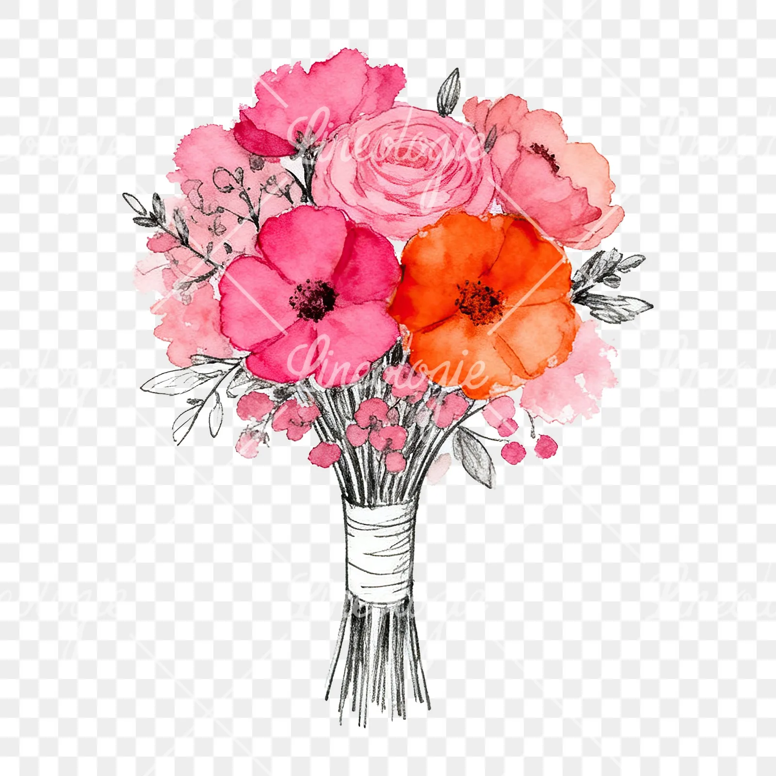 Watercolor hot pink and orange wedding bouquet with ribbon clipart 7 of 9 on a transparent background (PNG)