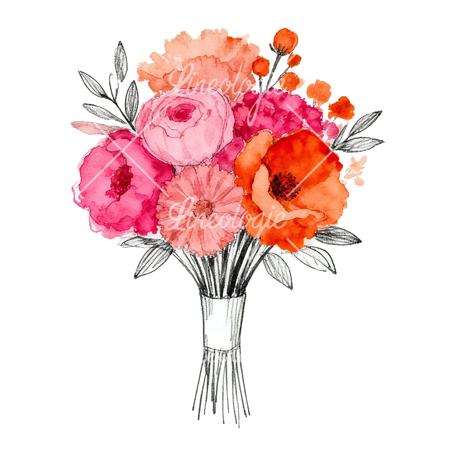 Watercolor hot pink and orange wedding bouquet with ribbon clipart 8 of 9 on a white background (JPG)