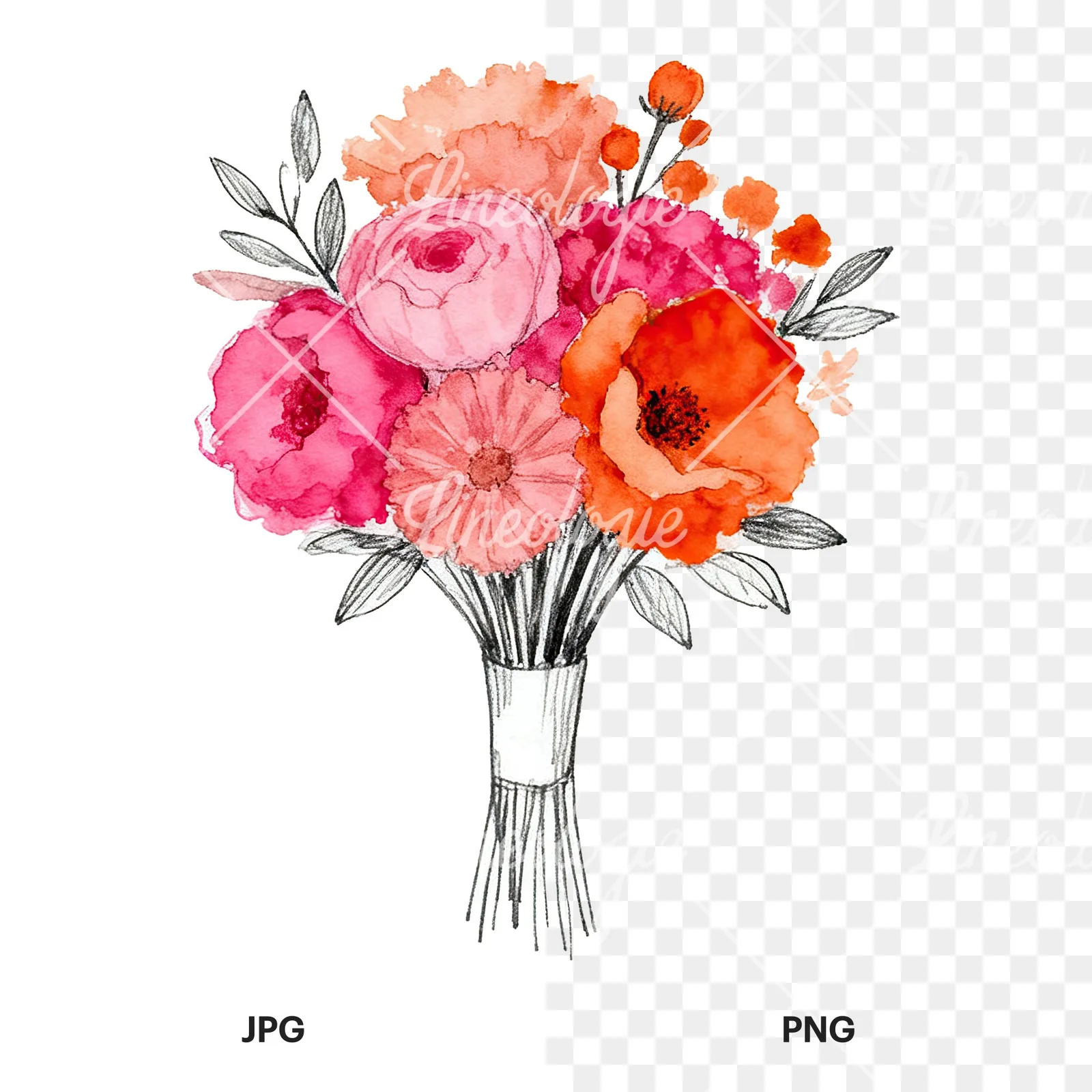 Watercolor hot pink and orange wedding bouquet with ribbon clipart 8 of 9, as a JPG on white and a transparent PNG