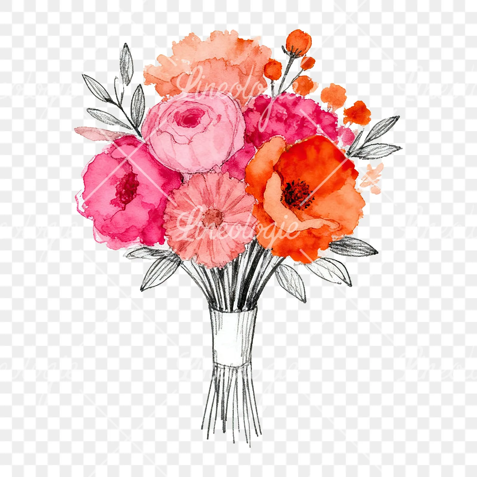 Watercolor hot pink and orange wedding bouquet with ribbon clipart 8 of 9 on a transparent background (PNG)