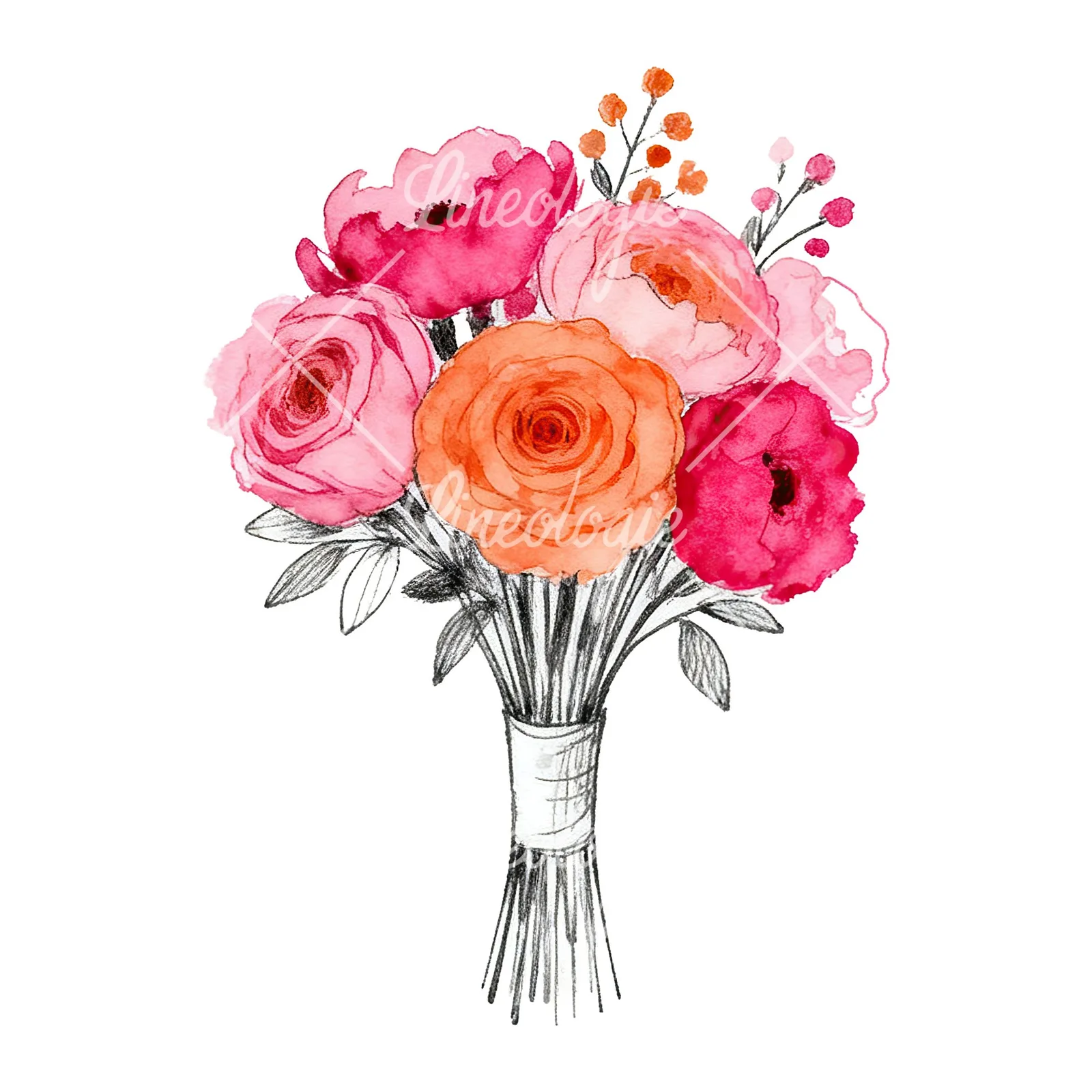 Watercolor hot pink and orange wedding bouquet with ribbon clipart 9 of 9 on a white background (JPG)