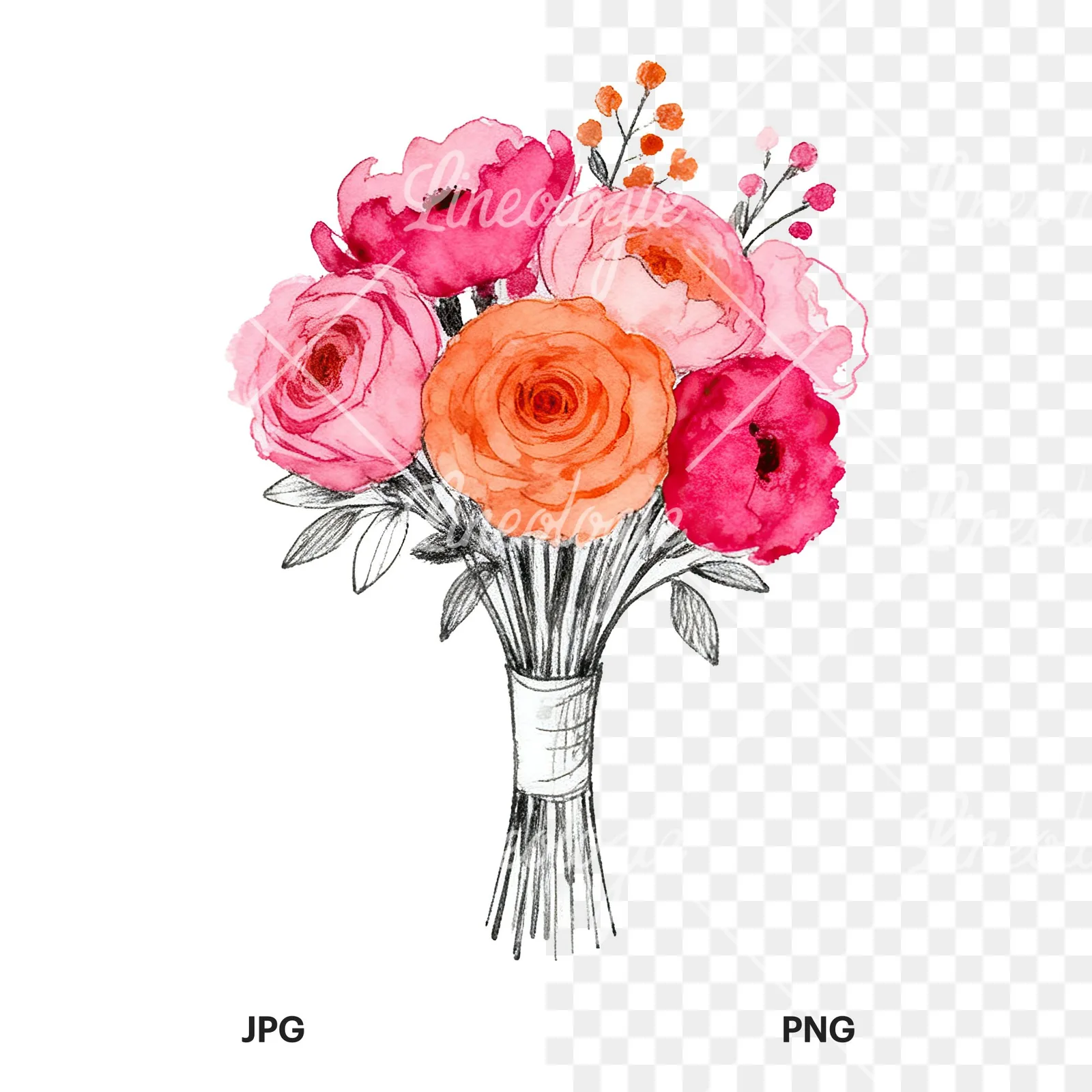 Watercolor hot pink and orange wedding bouquet with ribbon clipart 9 of 9, as a JPG on white and a transparent PNG