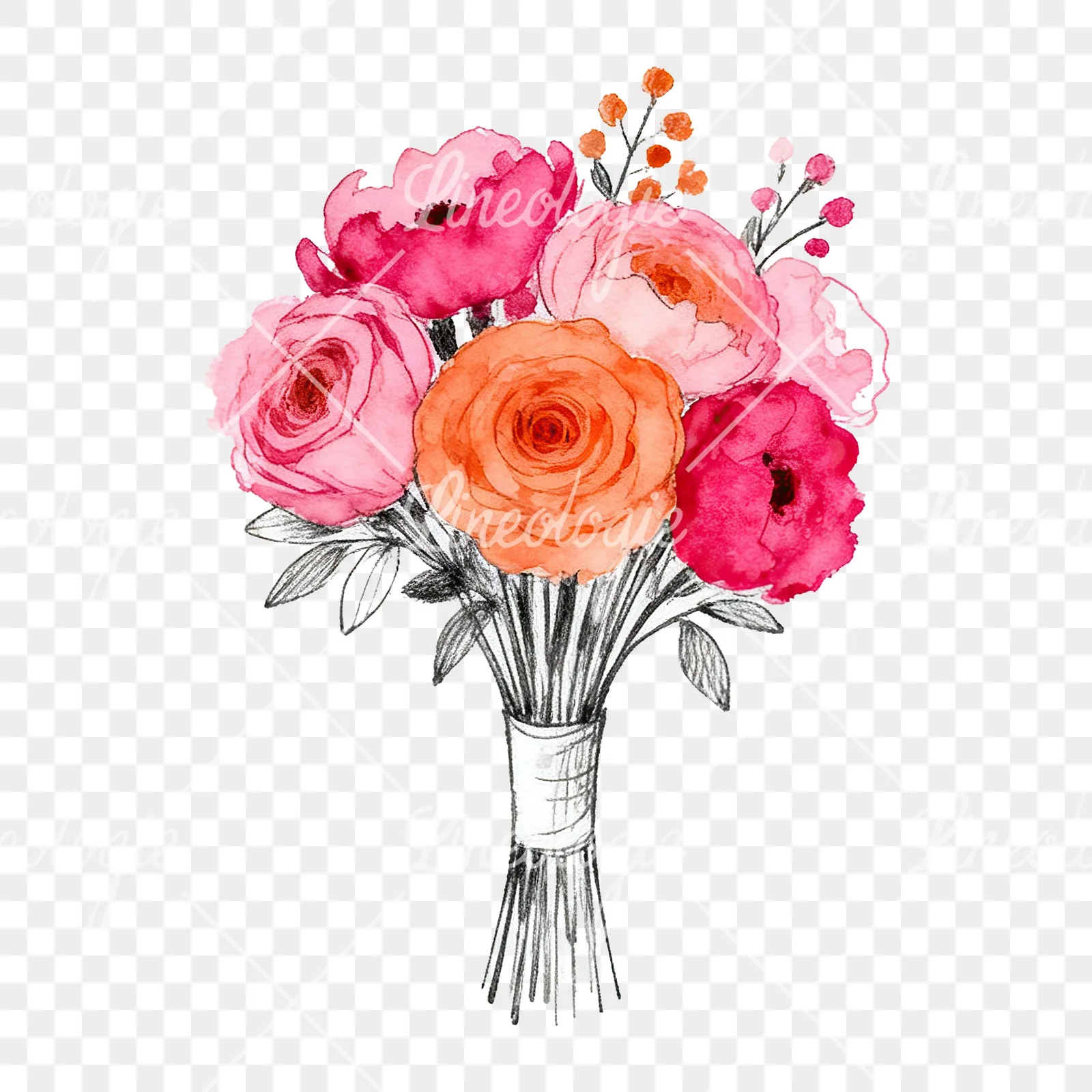 Watercolor hot pink and orange wedding bouquet with ribbon clipart 9 of 9 on a transparent background (PNG)