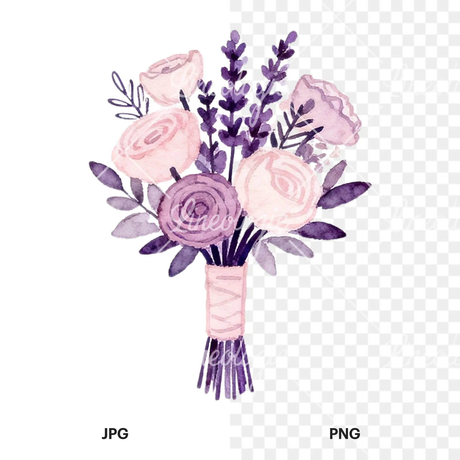 Watercolor lavender and blush wedding bouquet clipart 2 of 9, as a JPG on white and a transparent PNG