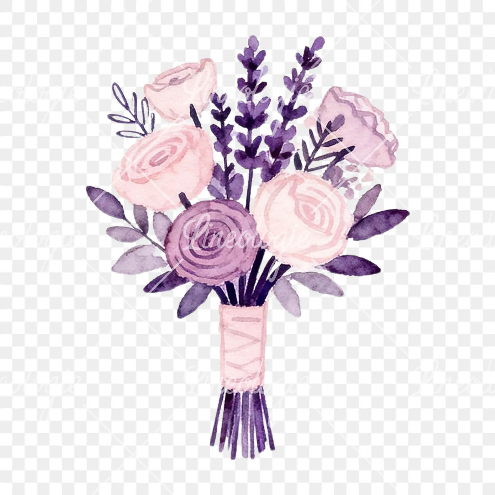 Watercolor lavender and blush wedding bouquet clipart 2 of 9 on a transparent background (PNG)