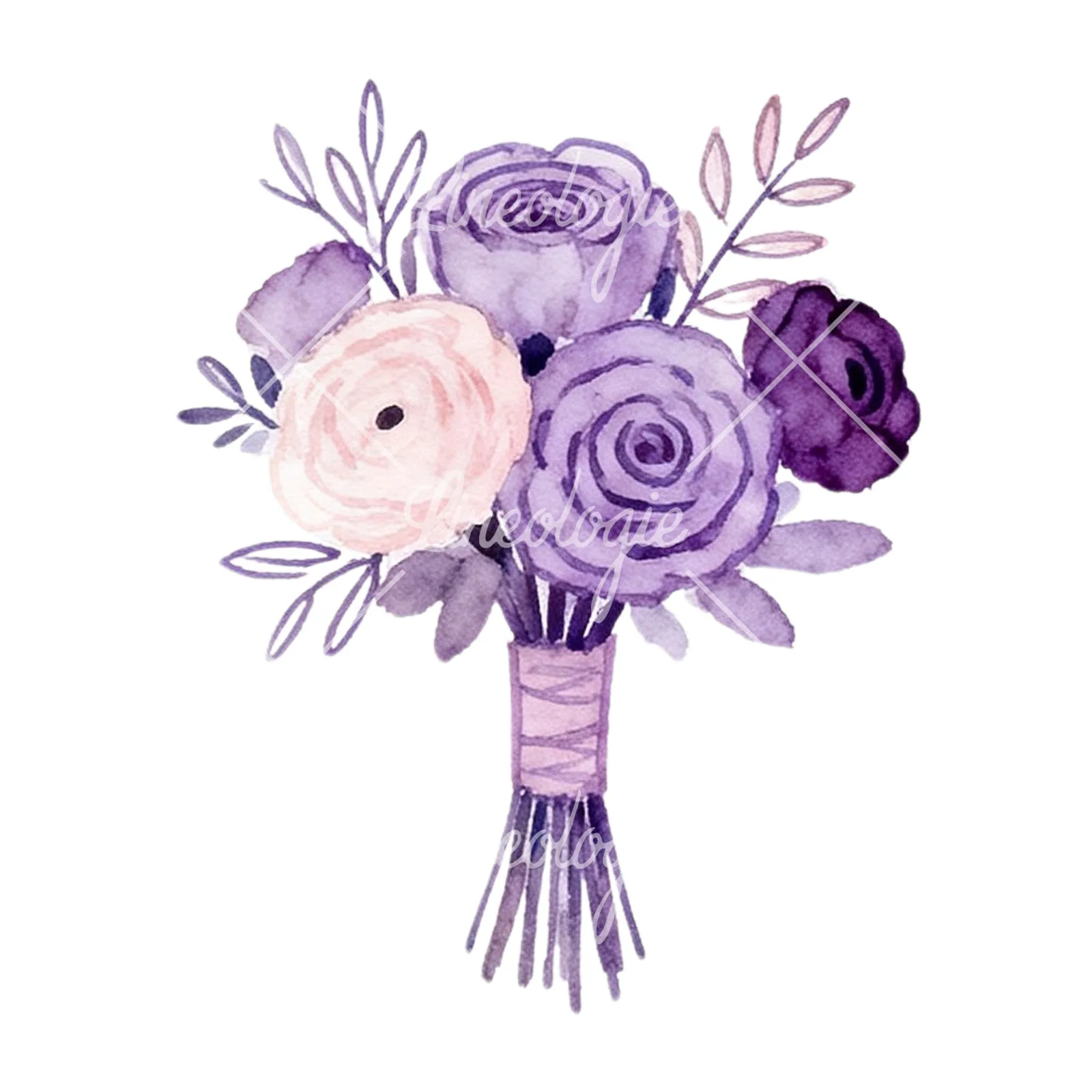 Watercolor lavender and blush wedding bouquet clipart 3 of 9 on a white background (JPG)
