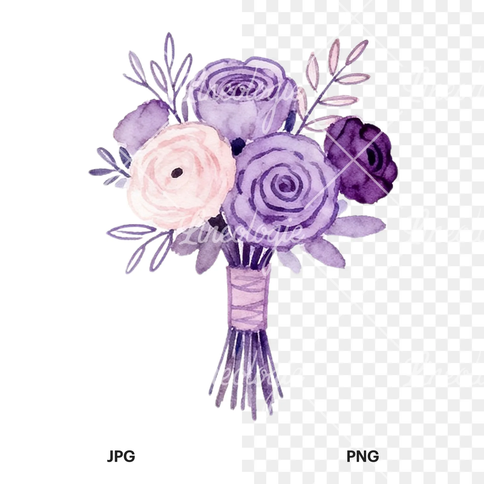 Watercolor lavender and blush wedding bouquet clipart 3 of 9, as a JPG on white and a transparent PNG