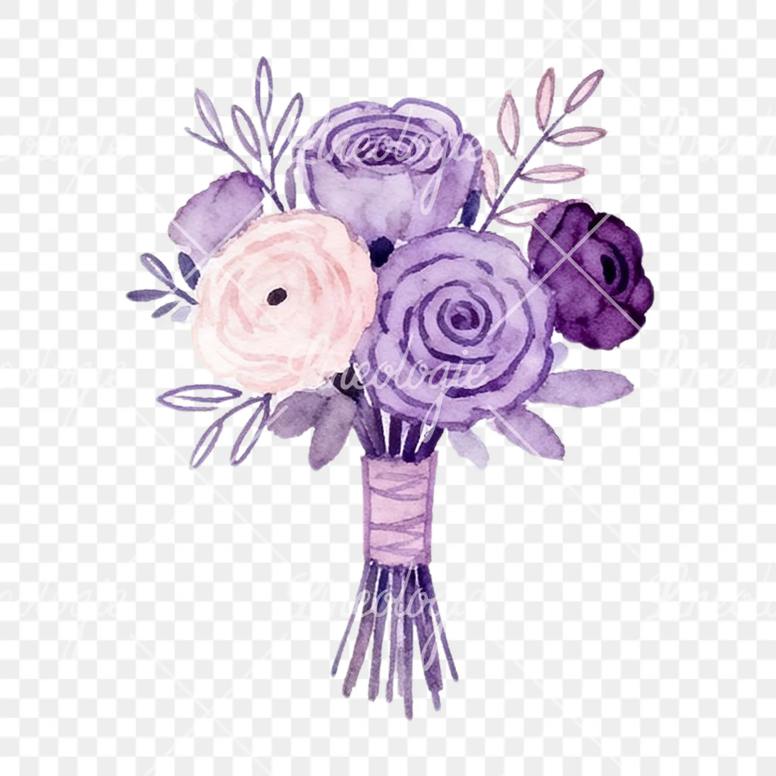 Watercolor lavender and blush wedding bouquet clipart 3 of 9 on a transparent background (PNG)