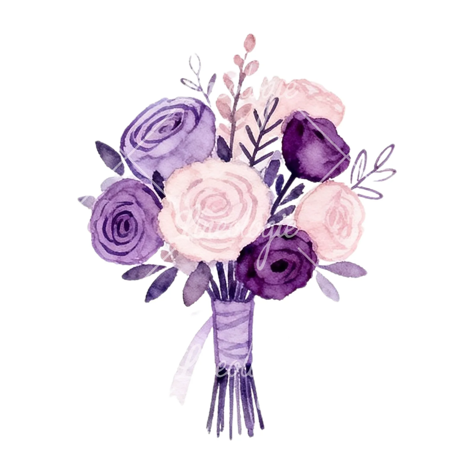 Watercolor lavender and blush wedding bouquet clipart 4 of 9 on a white background (JPG)