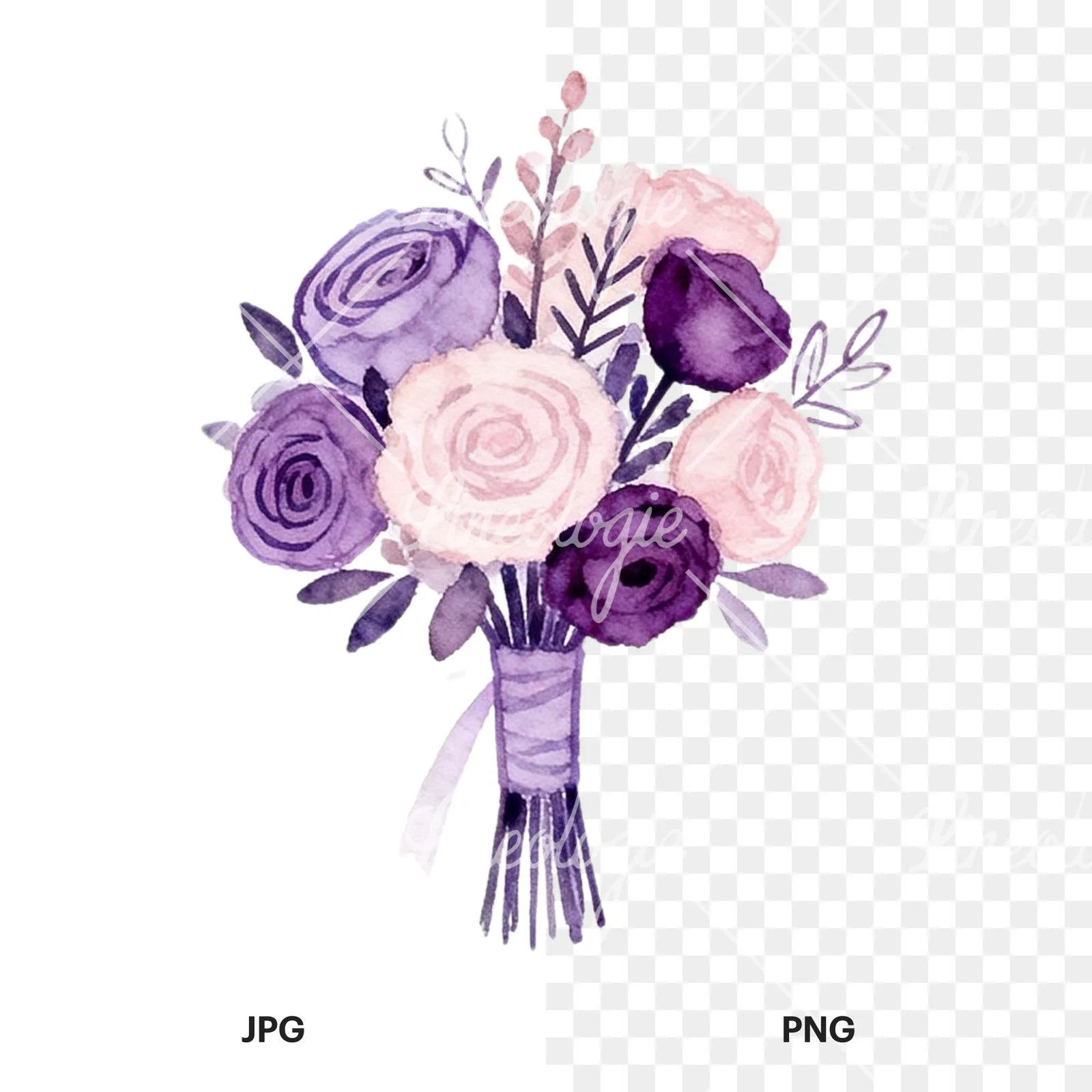 Watercolor lavender and blush wedding bouquet clipart 4 of 9, as a JPG on white and a transparent PNG