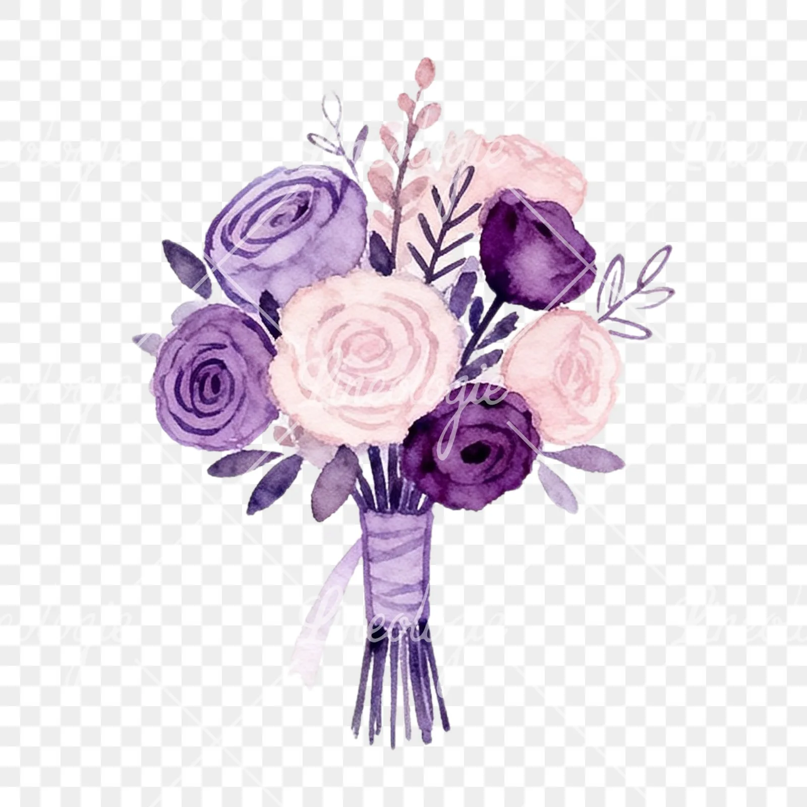 Watercolor lavender and blush wedding bouquet clipart 4 of 9 on a transparent background (PNG)