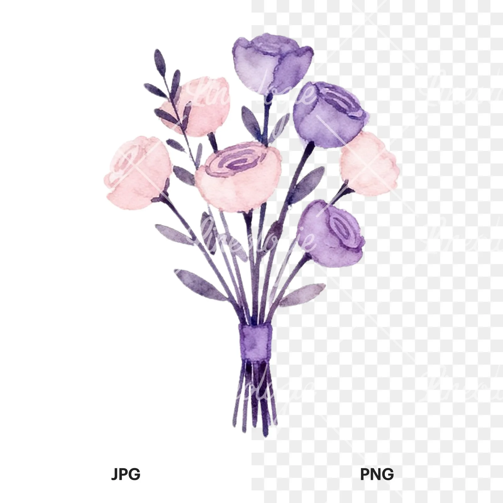 Watercolor lavender and blush wedding bouquet clipart 6 of 9, as a JPG on white and a transparent PNG