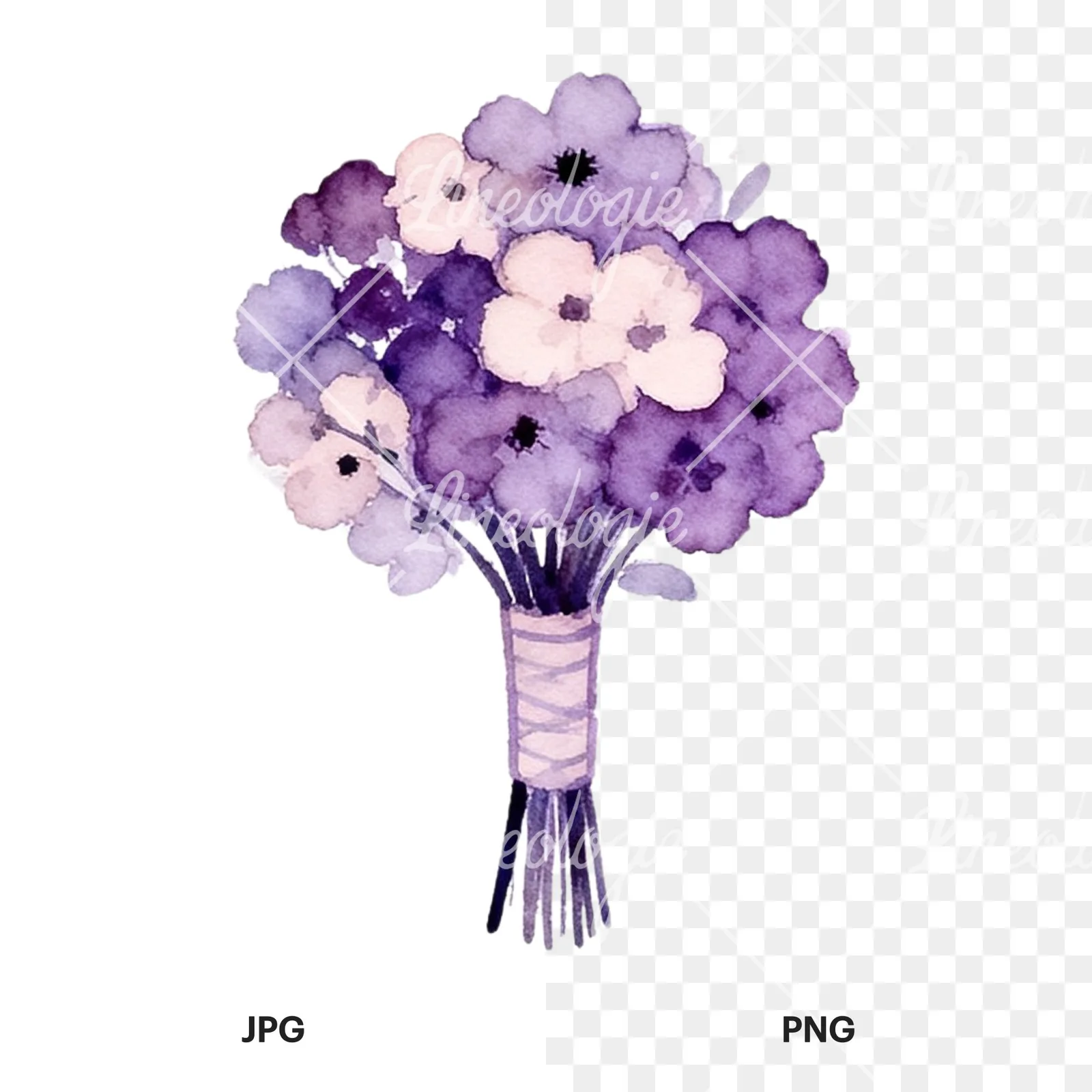Watercolor lavender and blush wedding bouquet clipart 7 of 9, as a JPG on white and a transparent PNG