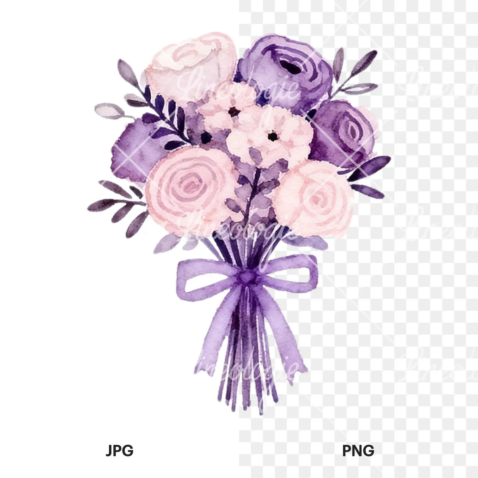 Watercolor lavender and blush wedding bouquet clipart 8 of 9, as a JPG on white and a transparent PNG