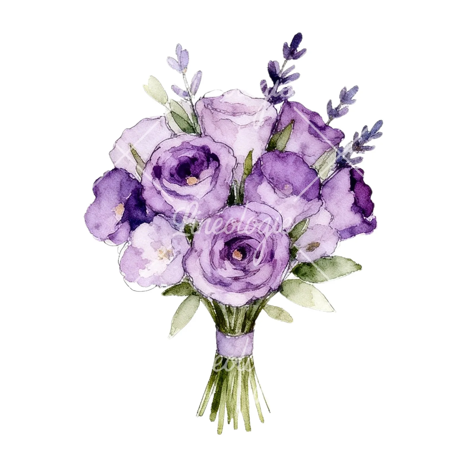 Watercolor lavender and pale pink wedding bouquet clipart 2 of 9 on a white background (JPG)
