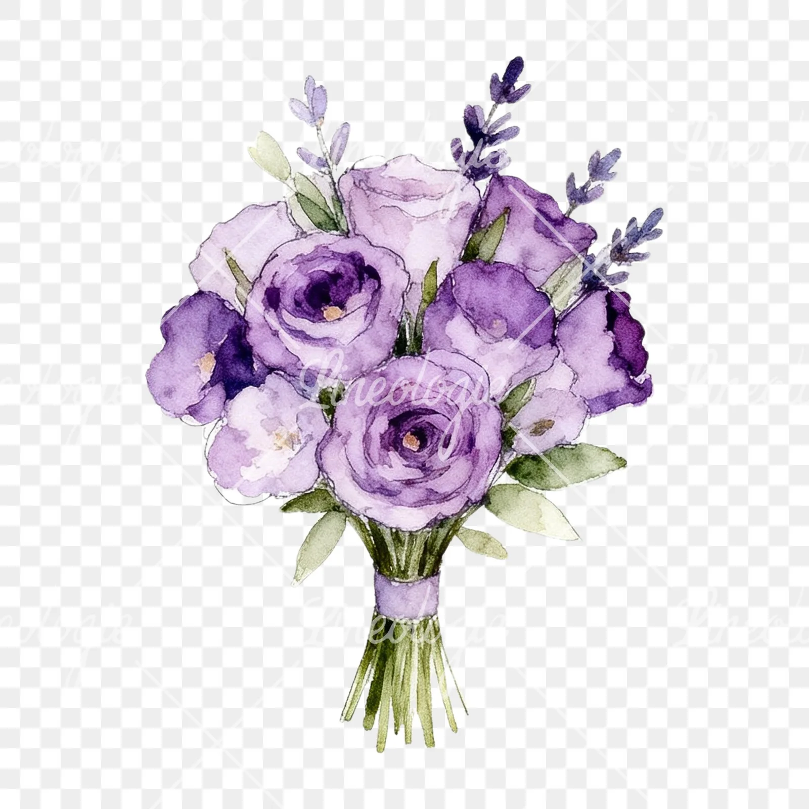 Watercolor lavender and pale pink wedding bouquet clipart 2 of 9 on a transparent background (PNG)