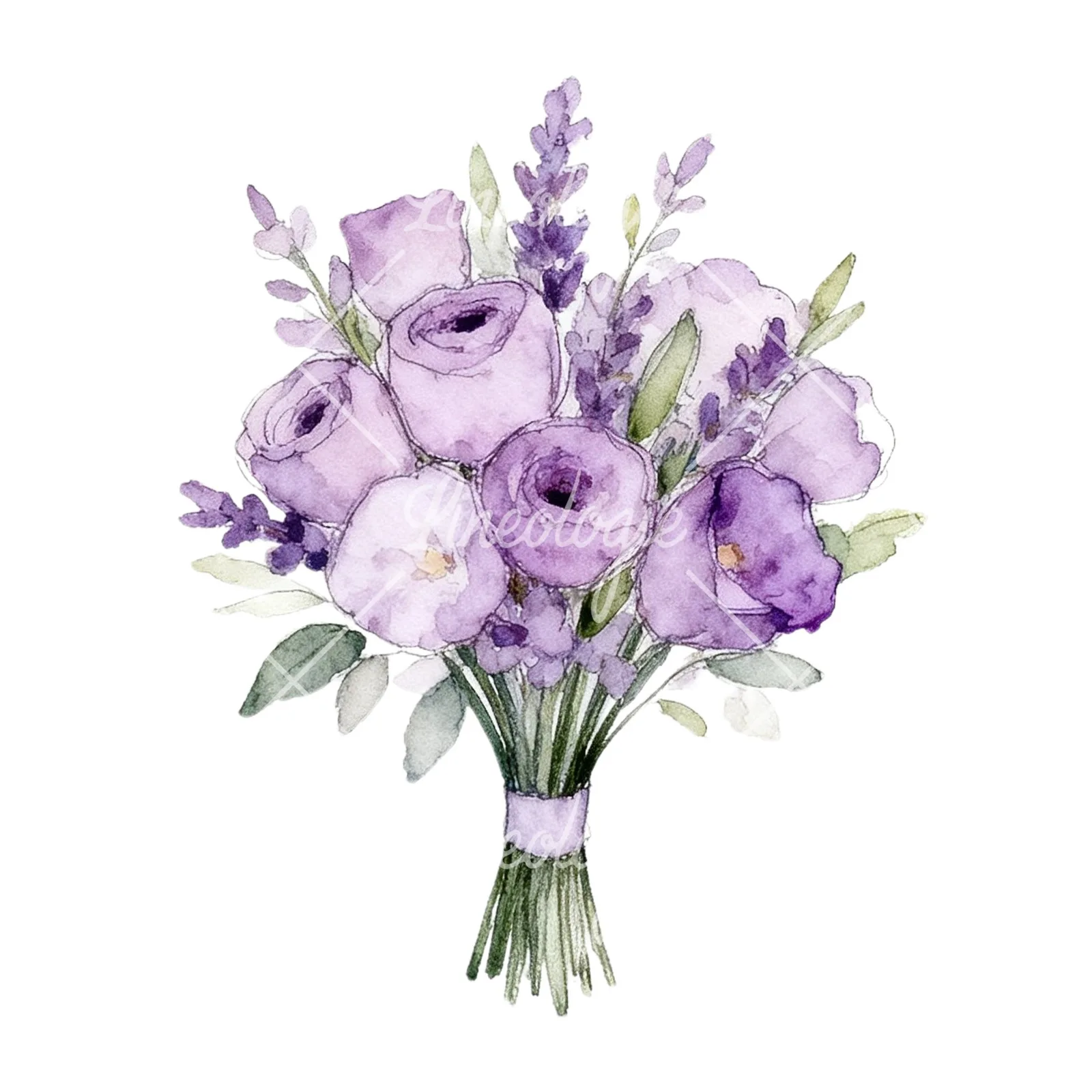 Watercolor lavender and pale pink wedding bouquet clipart 3 of 9 on a white background (JPG)