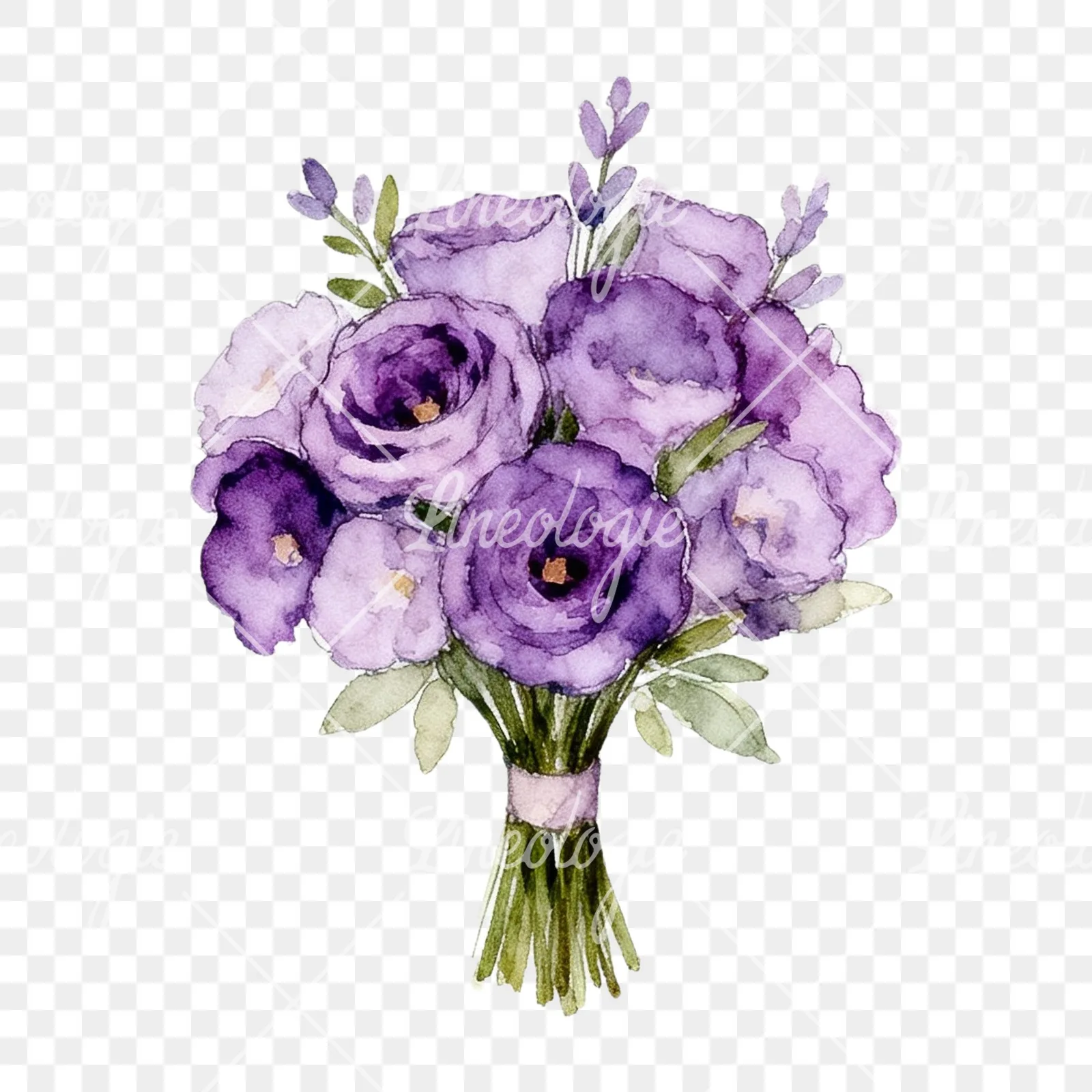 Watercolor lavender and pale pink wedding bouquet clipart 5 of 9 on a transparent background (PNG)