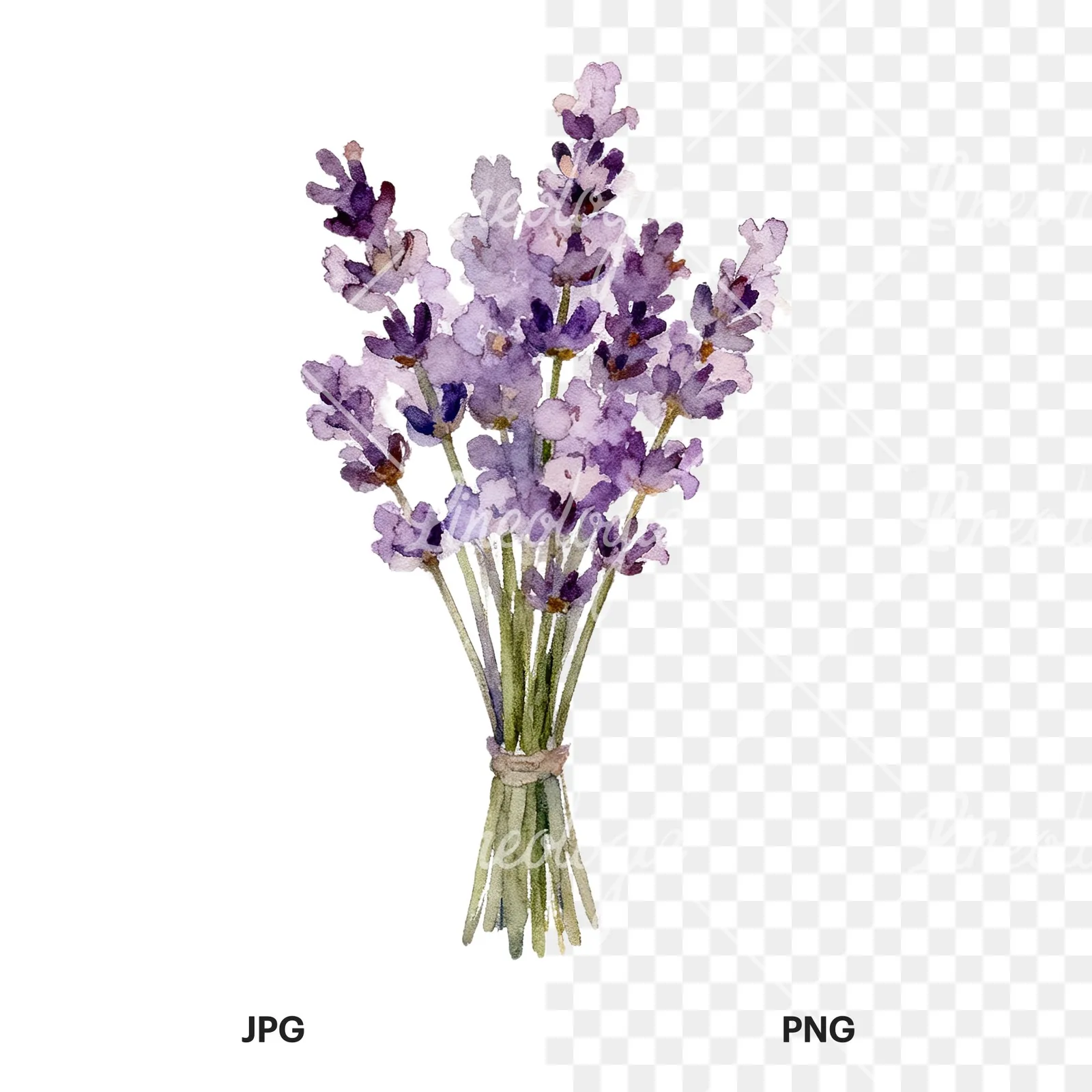 Watercolor lavender bouquet with blue accents clipart 2 of 9, as a JPG on white and a transparent PNG