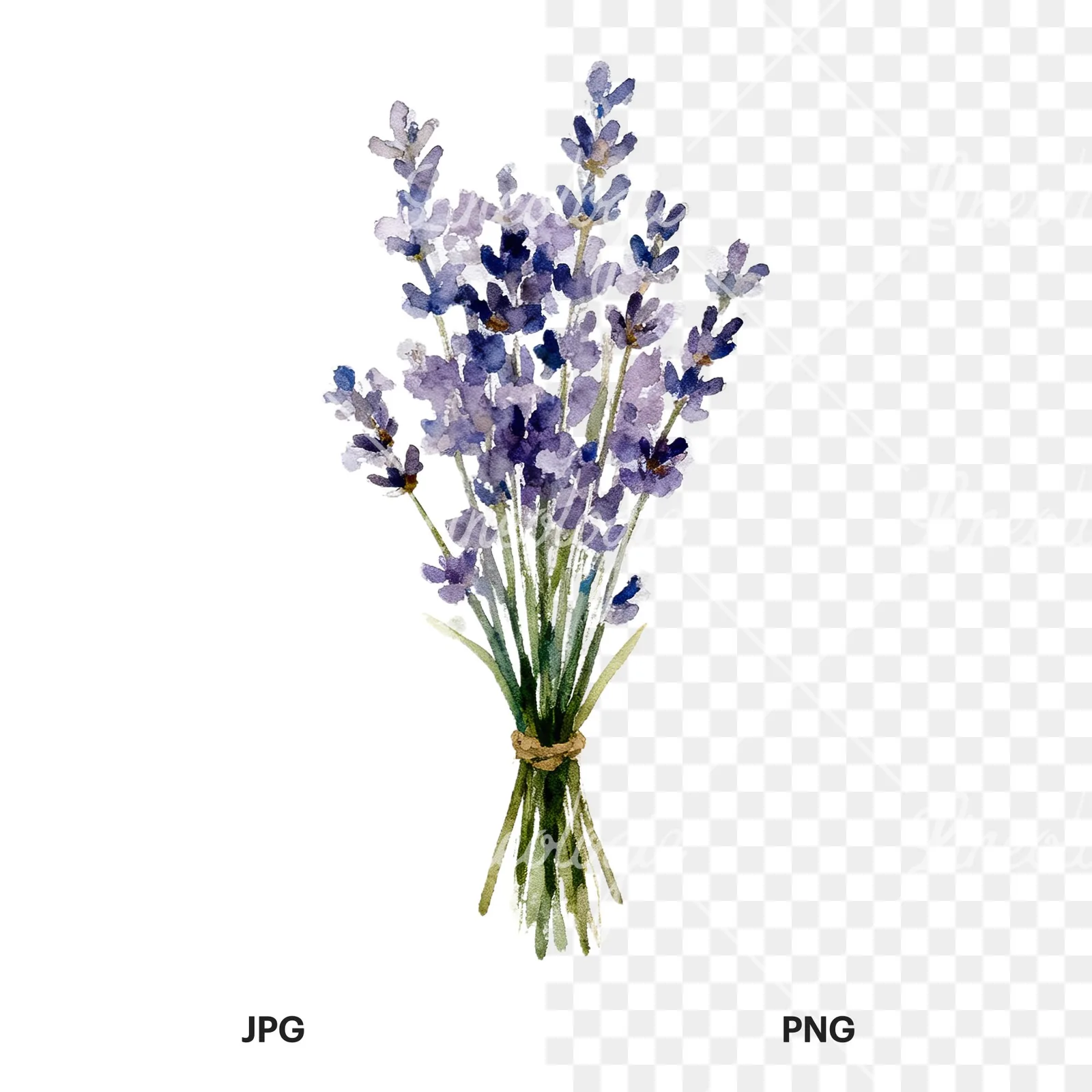 Watercolor lavender bouquet with blue accents clipart 3 of 9, as a JPG on white and a transparent PNG